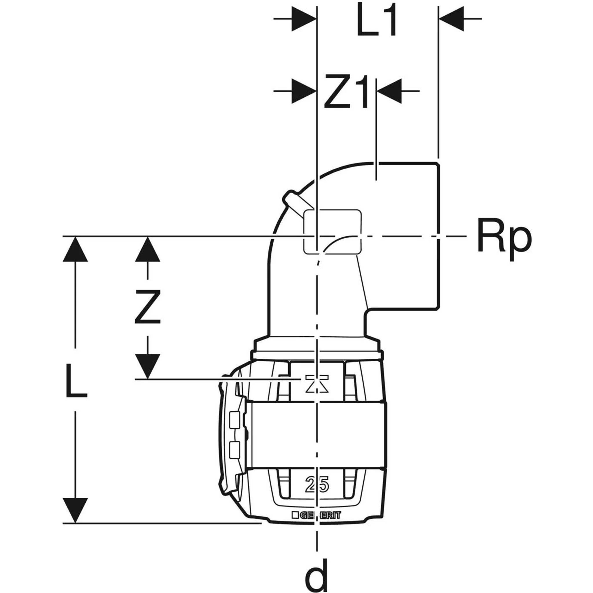 Geberit GE FlowFit, Übergangsbogen, IG, RG+, 90 Grad, d20mm x Rp1/2, 1 Stk.