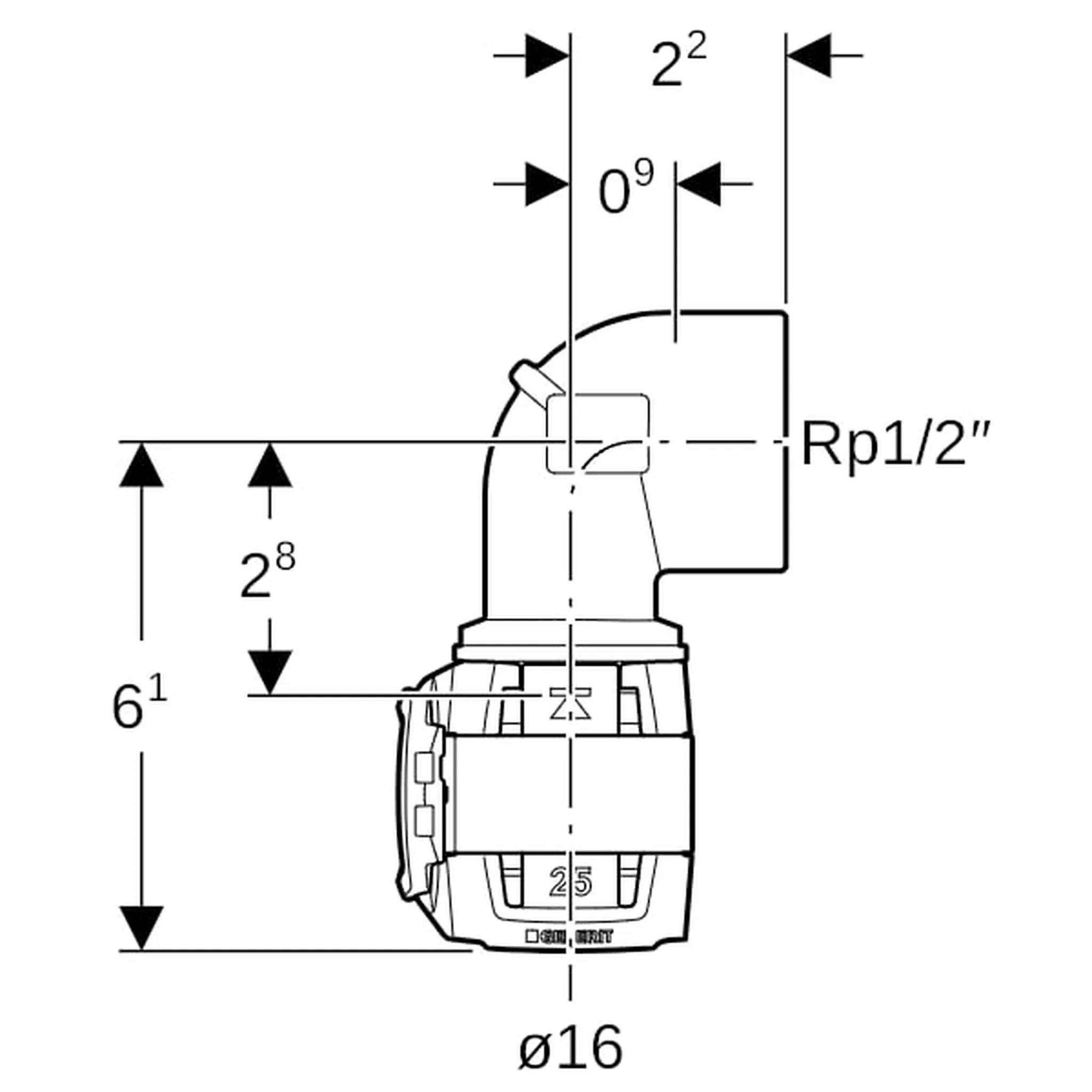 Geberit GE FlowFit Übergangsbogen, IG, 90°, d16 mm x Rp1/2, 1 Stk.