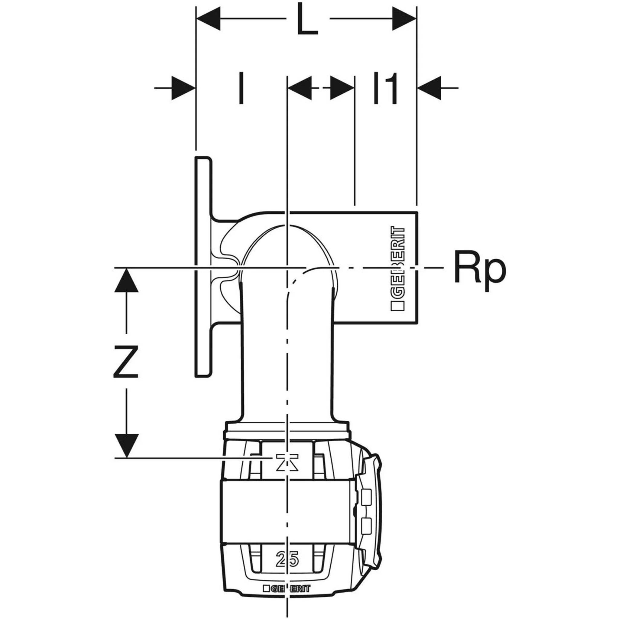 Geberit GE FlowFit, Doppelanschlusswinkel, IG RG+, d20 x Rp1/2 x d25mm, L5,2cm, 1 Stk.