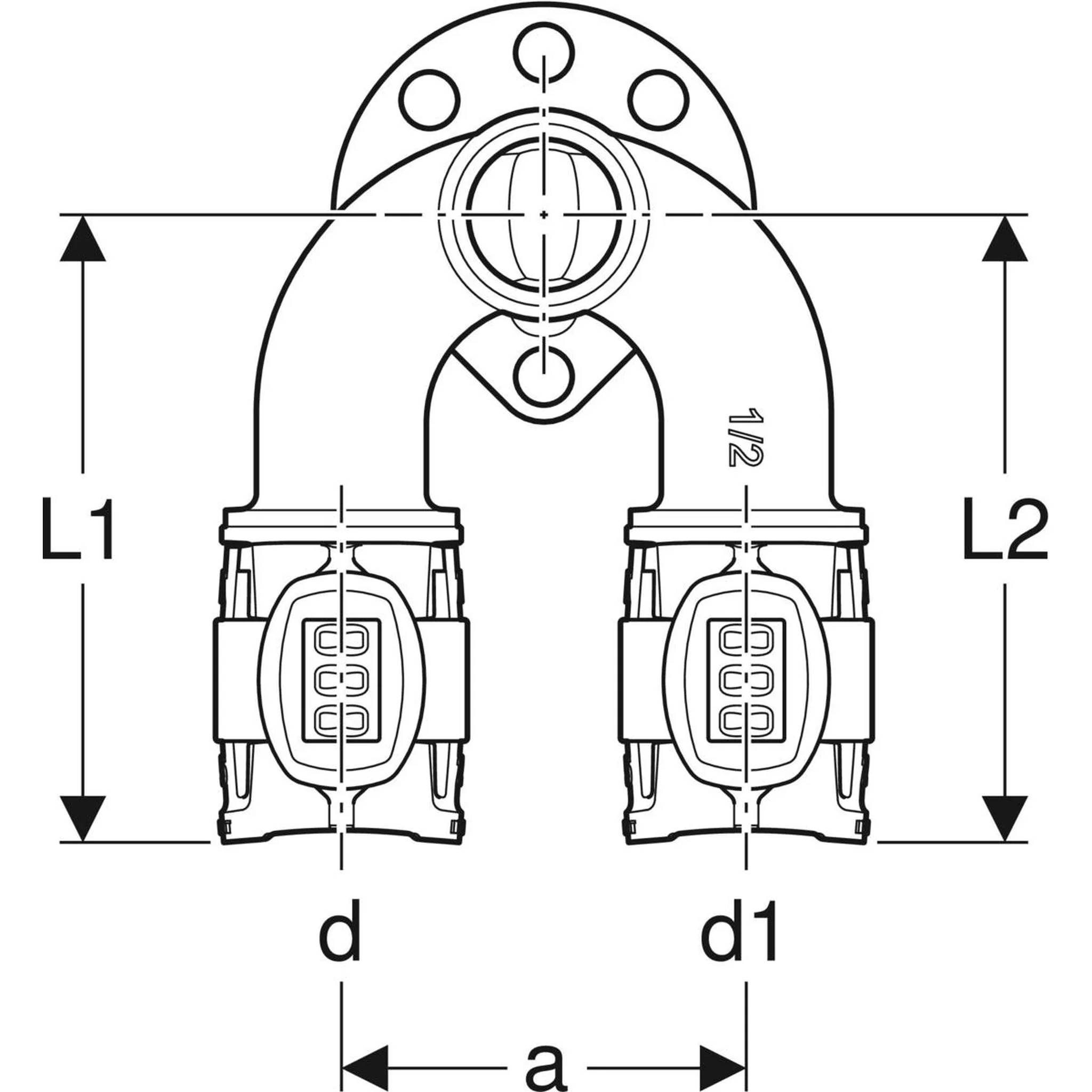 Geberit GE FlowFit, Doppelanschlusswinkel, IG RG+, d25, Rp1/2, d20mm, L 5,2 cm, 1 Stk.