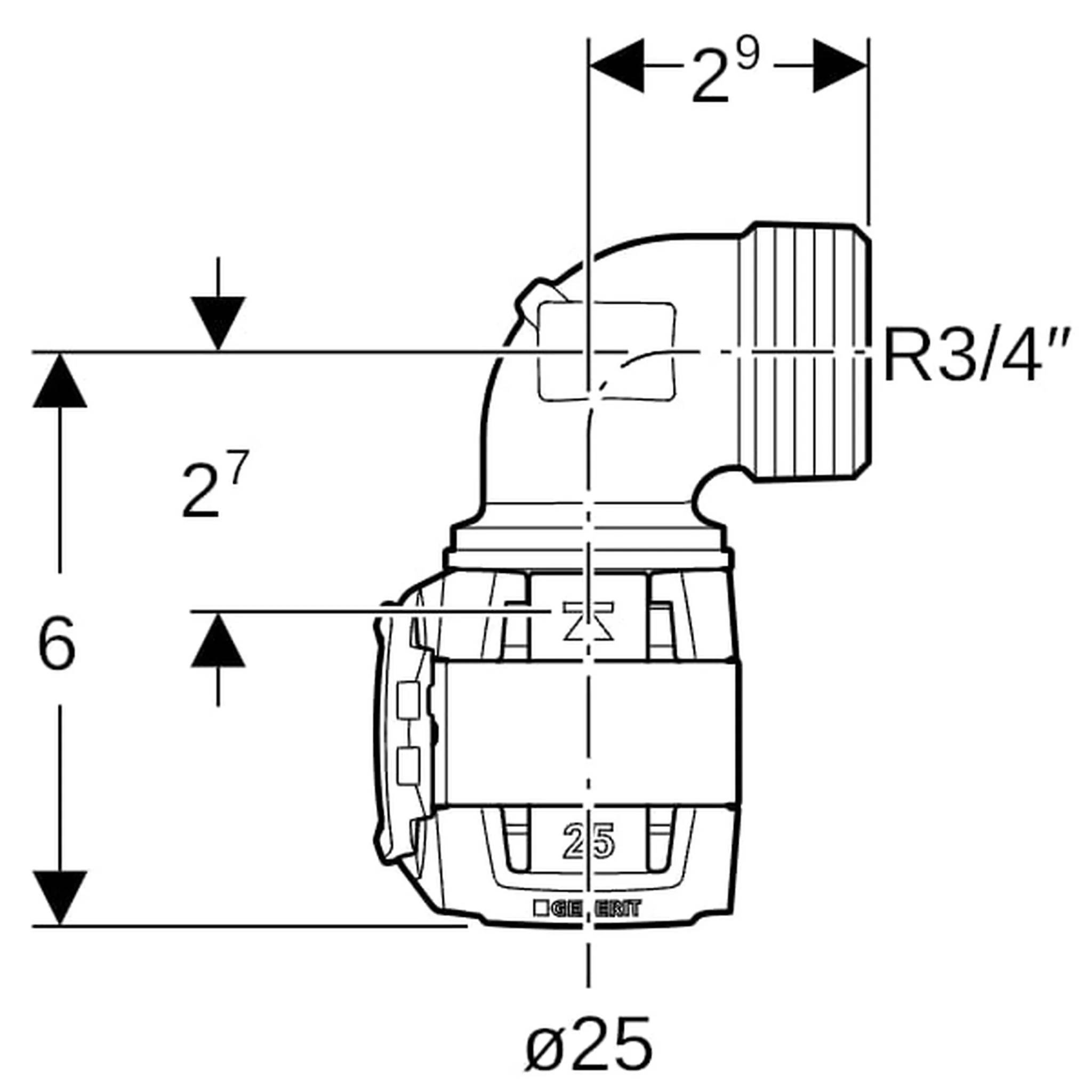 Geberit GE FlowFit Übergangsbogen, AG RG+, 90 Grad, d 25 mm x R 3/4, 1 Stk.