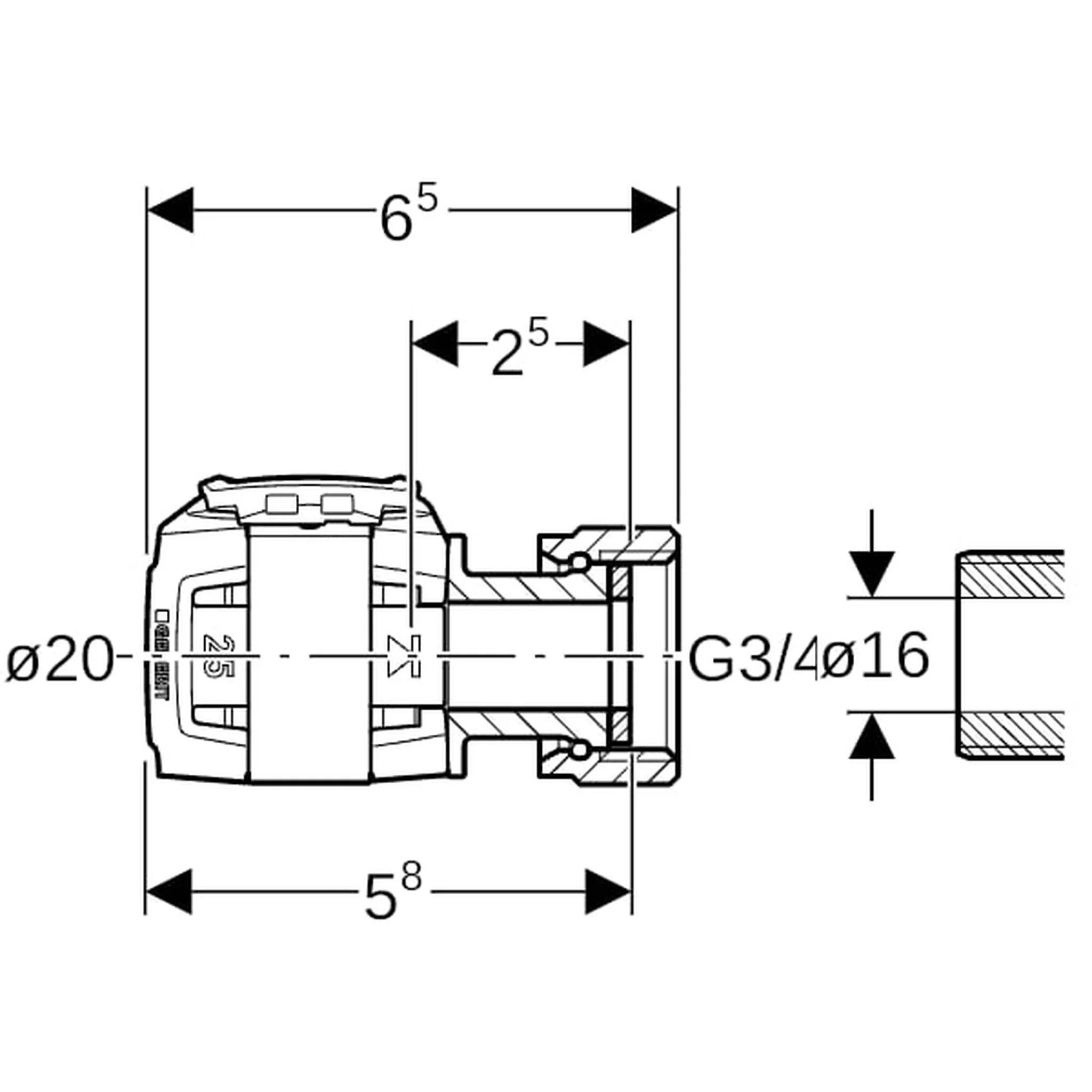 Geberit GE FlowFit Übergang Si-Bronze mit Überwurfmutter, d20mm x G3/4, 1 Stk.