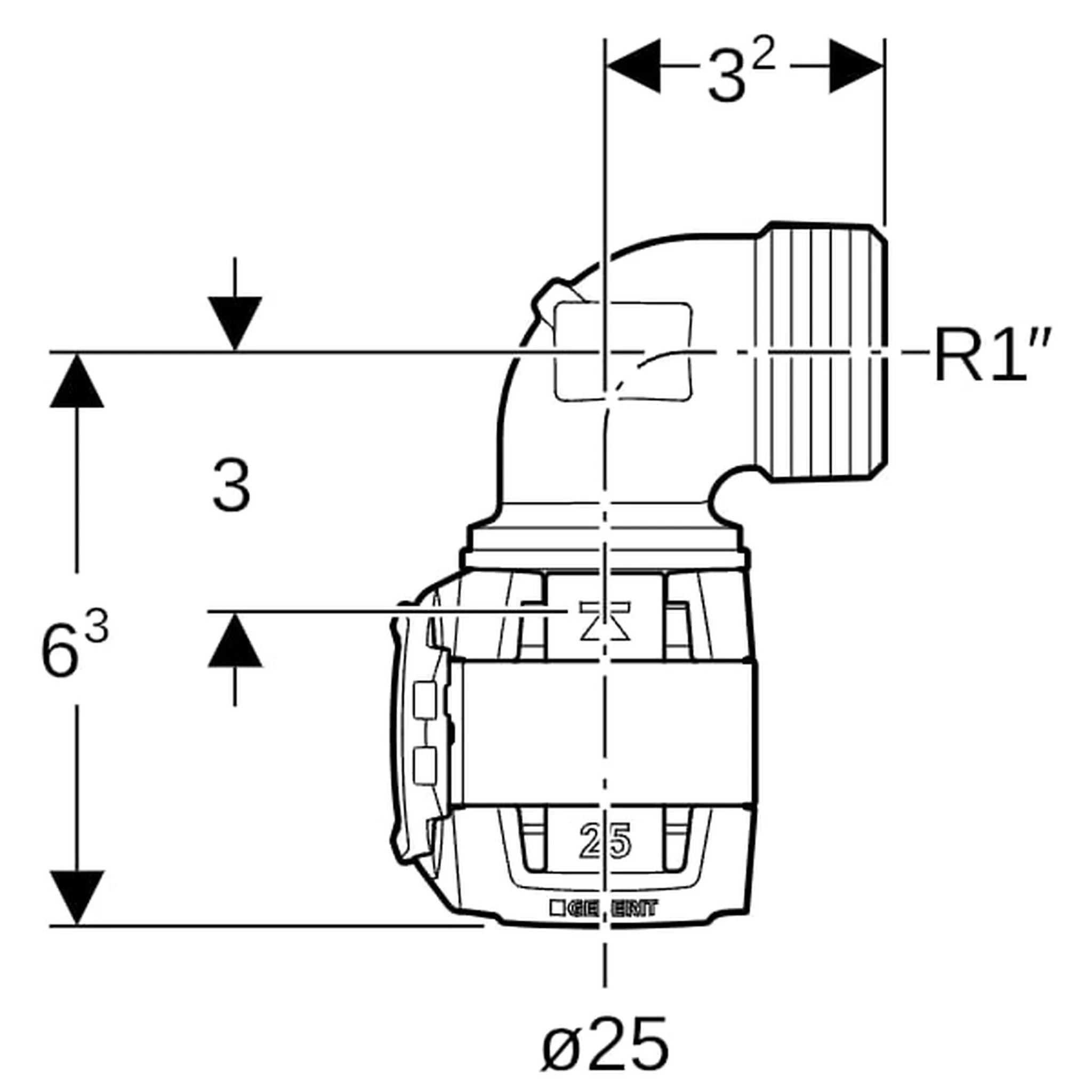 Geberit GE FlowFit Übergangsbogen, AG, RG+, 90 Grad, d25mm, R1, 1 Stk.