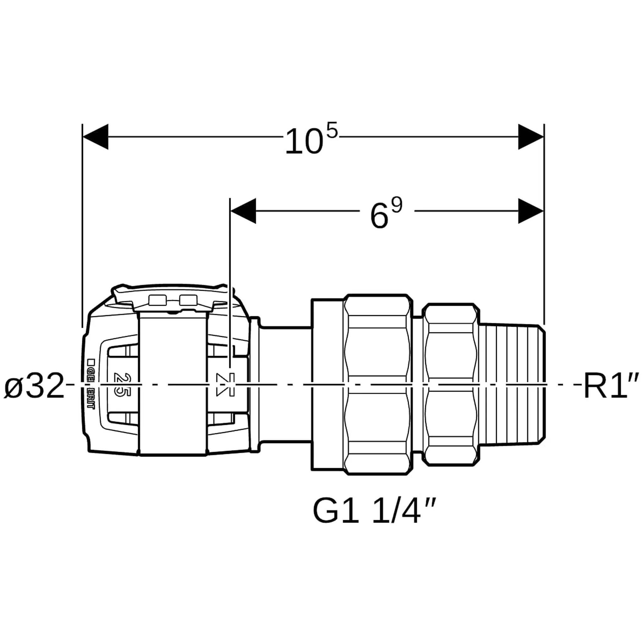 Geberit GE FlowFit Übergangsverschraubung, SiBr, mit AG, d32mm x R1, 1 Stk.