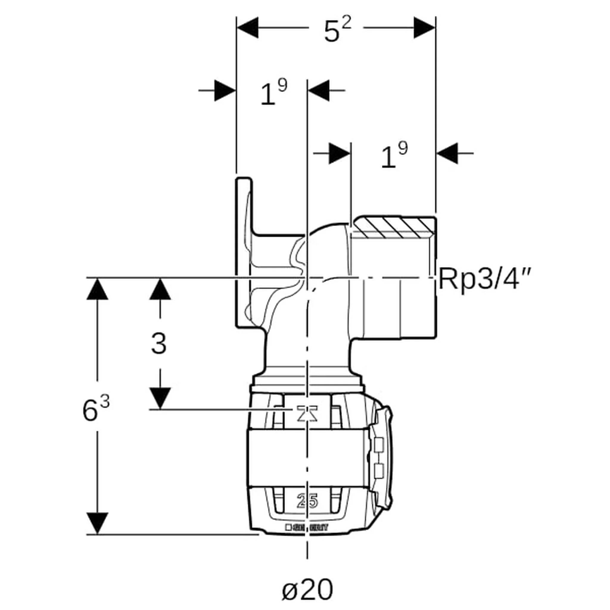 Geberit GE FlowFit, Anschlusswinkel, RG+, d20mm, Rp3/4, L 5,2 cm, 1 Stk.