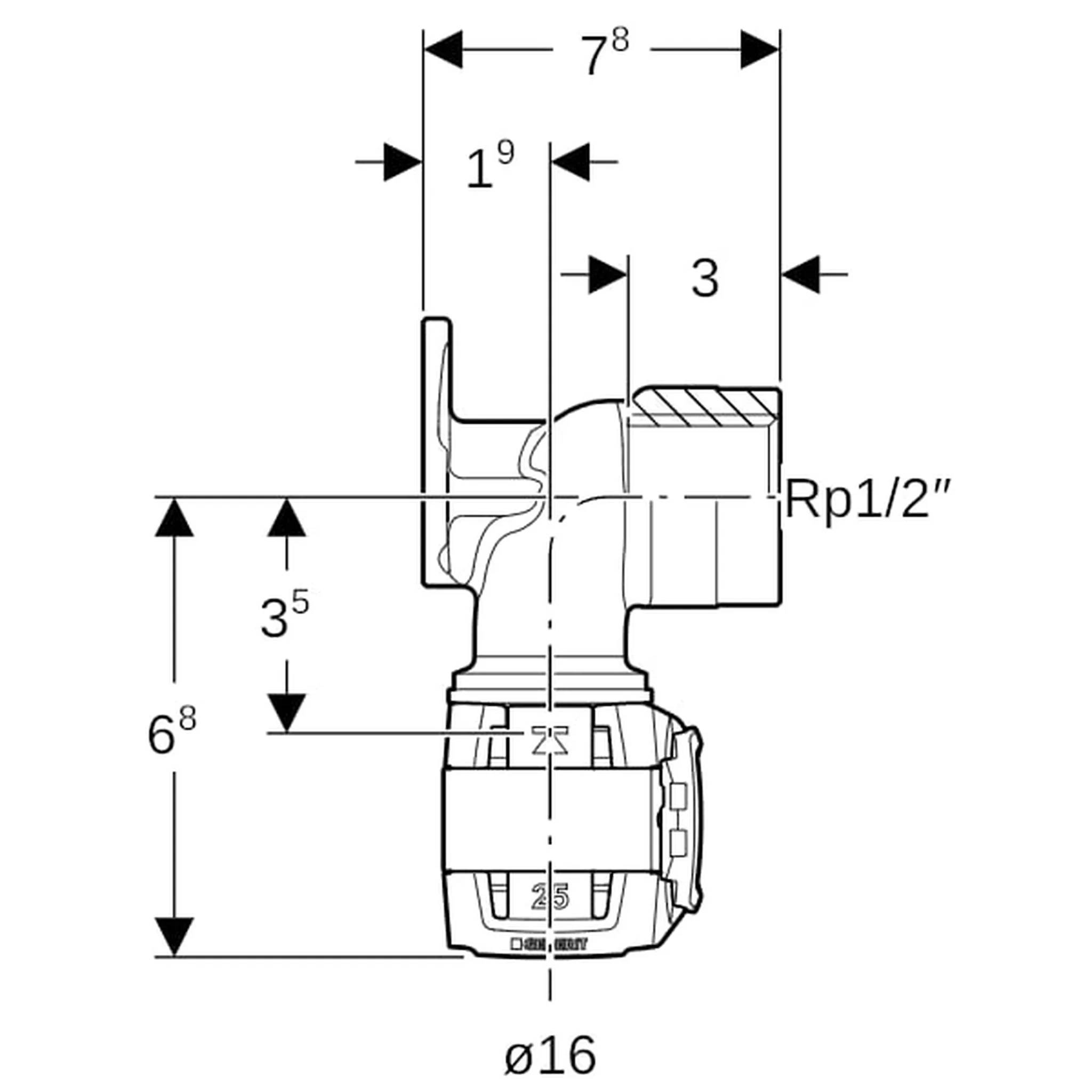 Geberit GE FlowFit, Anschlusswinkel, RG+, d16mm x Rp1/2, L7,8cm, 1 Stk.