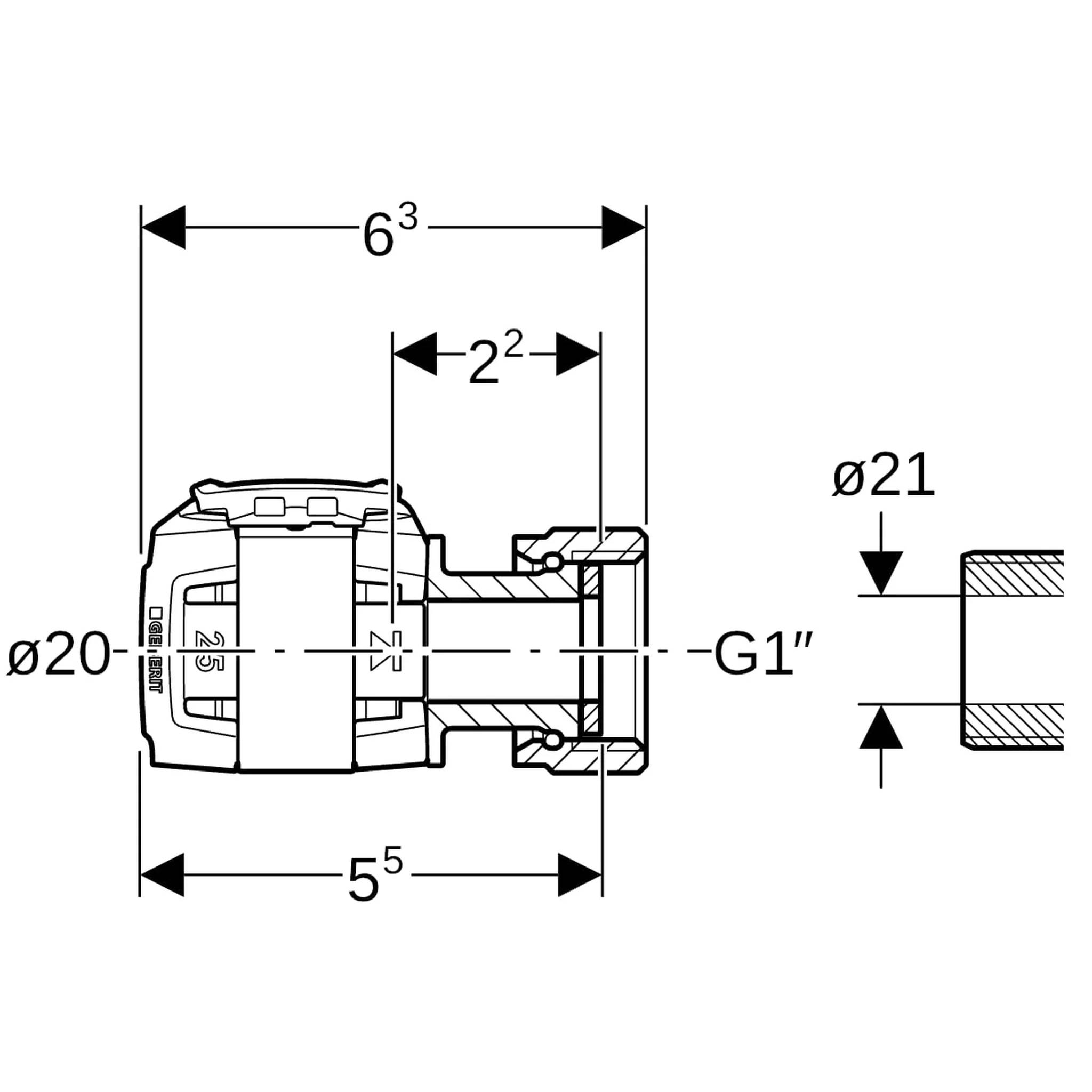 Geberit GE FlowFit, Übergang SiBr mit Überwurfmutter, d20mm x G1, 1 Stk.