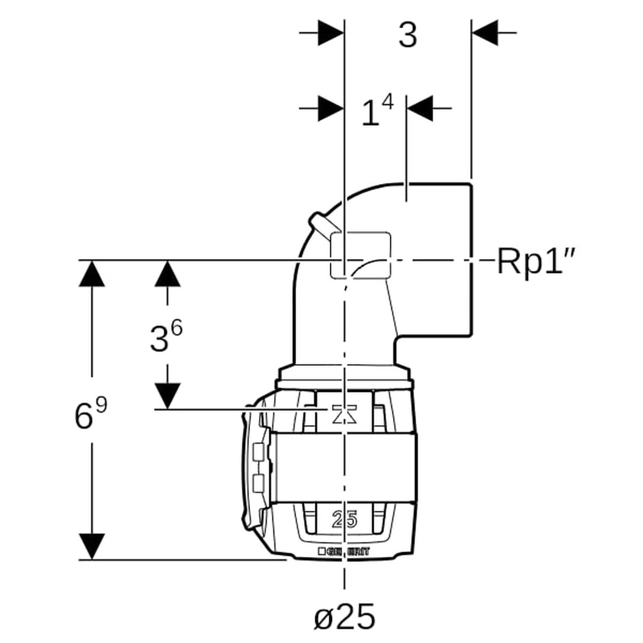 Geberit GE FlowFit, Übergangsbogen, IG, 90°, d 25 mm x Rp 1, 1 Stk.