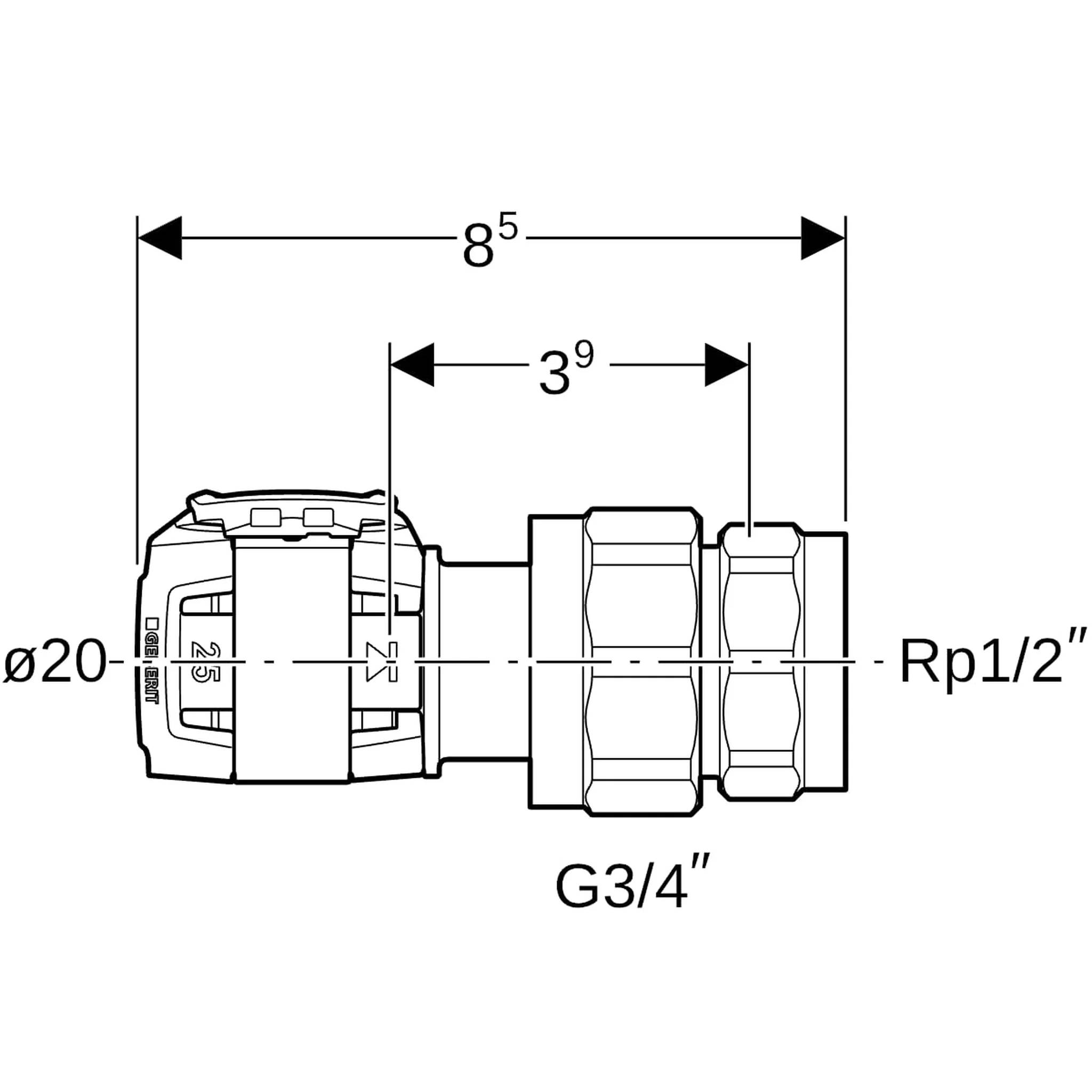Geberit GE FlowFit Übergangsverschraubung, SiBr, IG, d20mm x Rp1/2, 1 Stk.