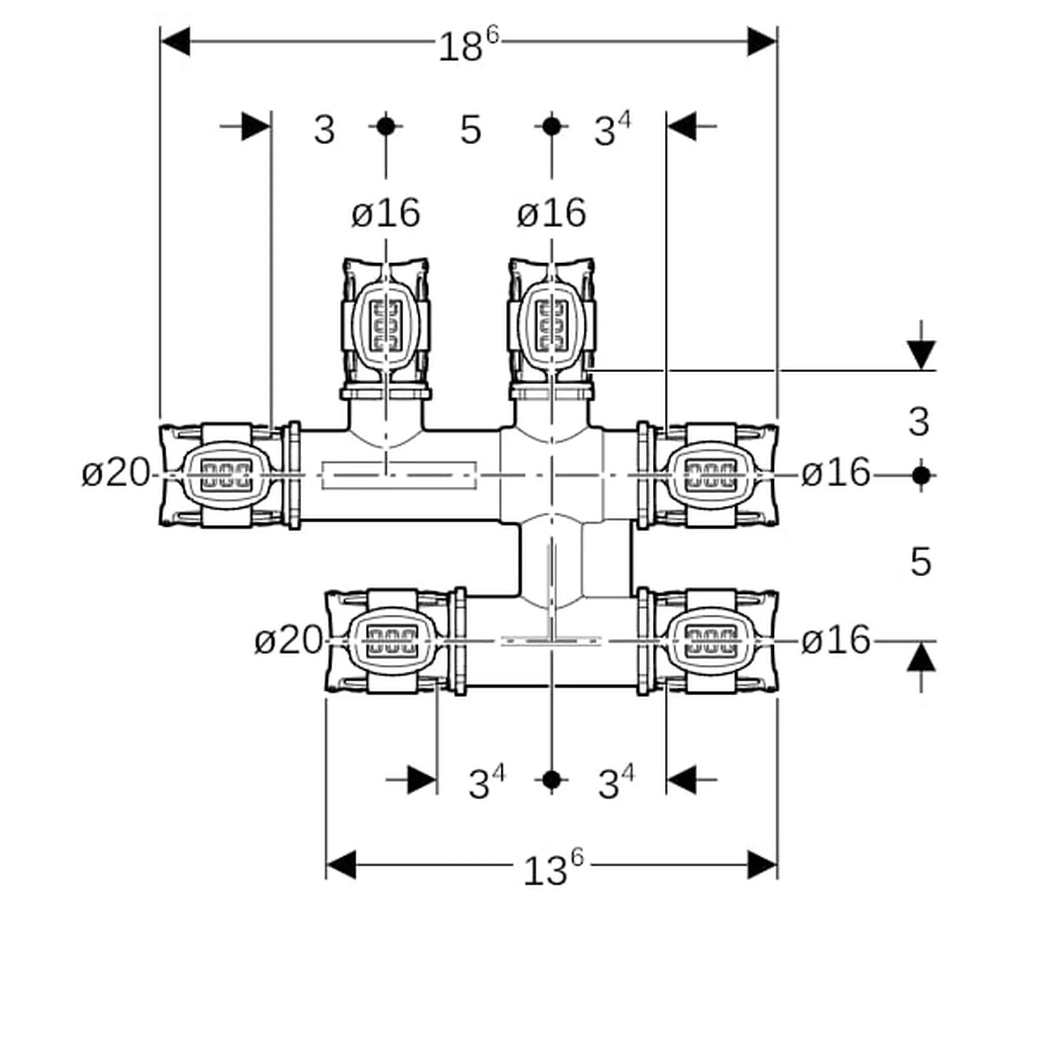 Geberit GE FlowFit Kreuzungs-T-Stück, SiBr, d20, 16, 16mm, mit Dämmbox, 1 Stk.