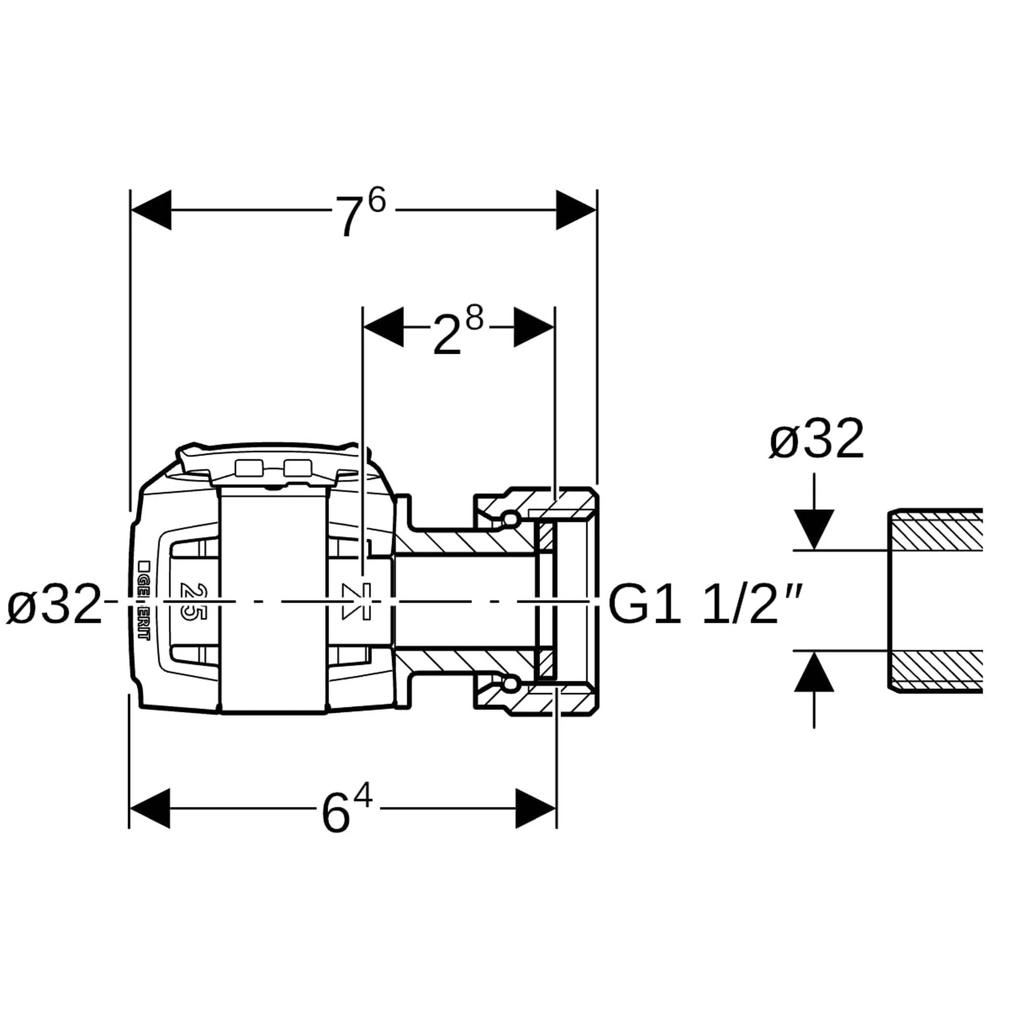 Geberit GE FlowFit, Übergang, SiBr, mit Überwurfmutter, d32mm x G1 1/2, 1 Stk.