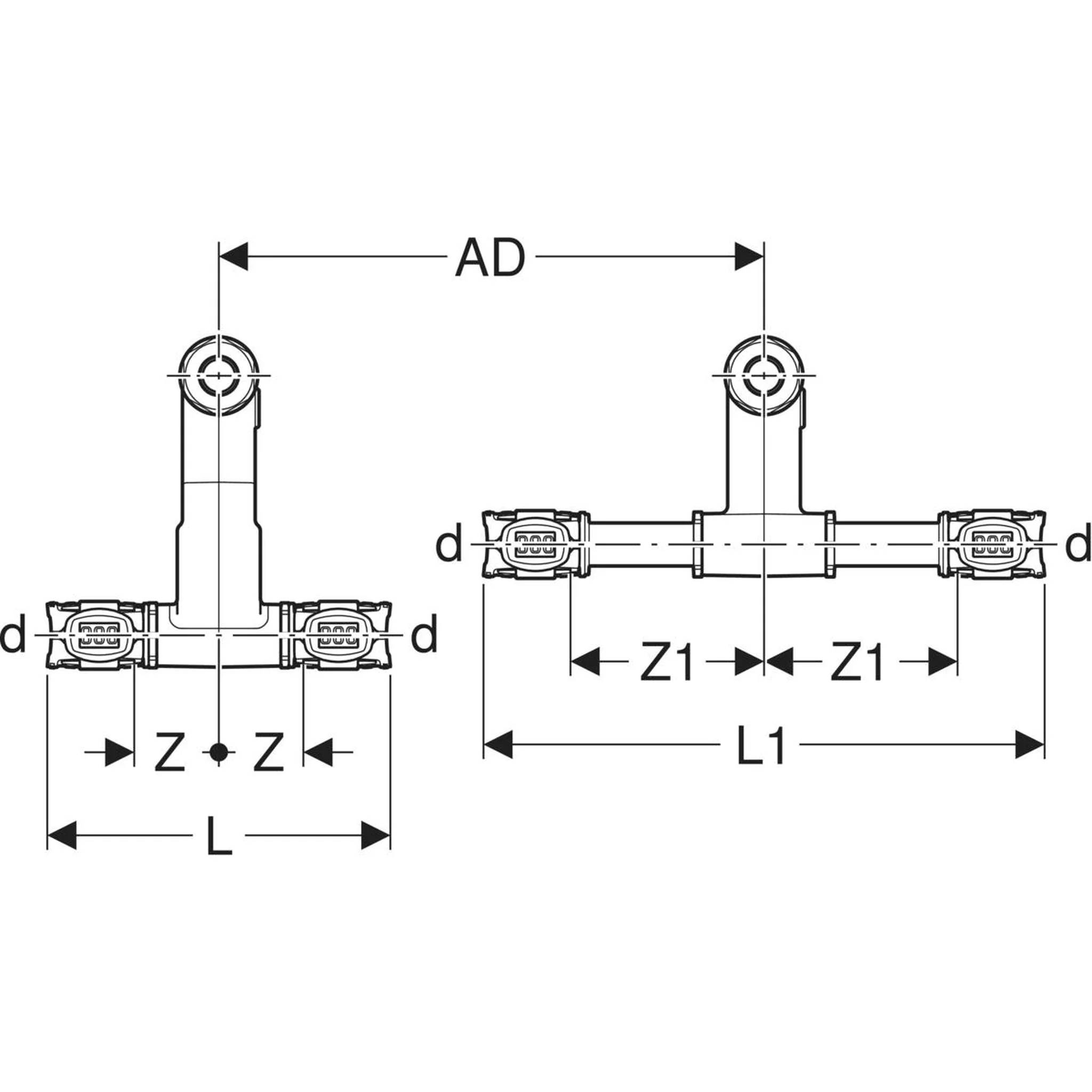 Geberit GE FlowFit An-T-Stück, VL/RL, SiBr, d16, 15, 16mm, mit An-Verschraubung, EK, 1 Stk.