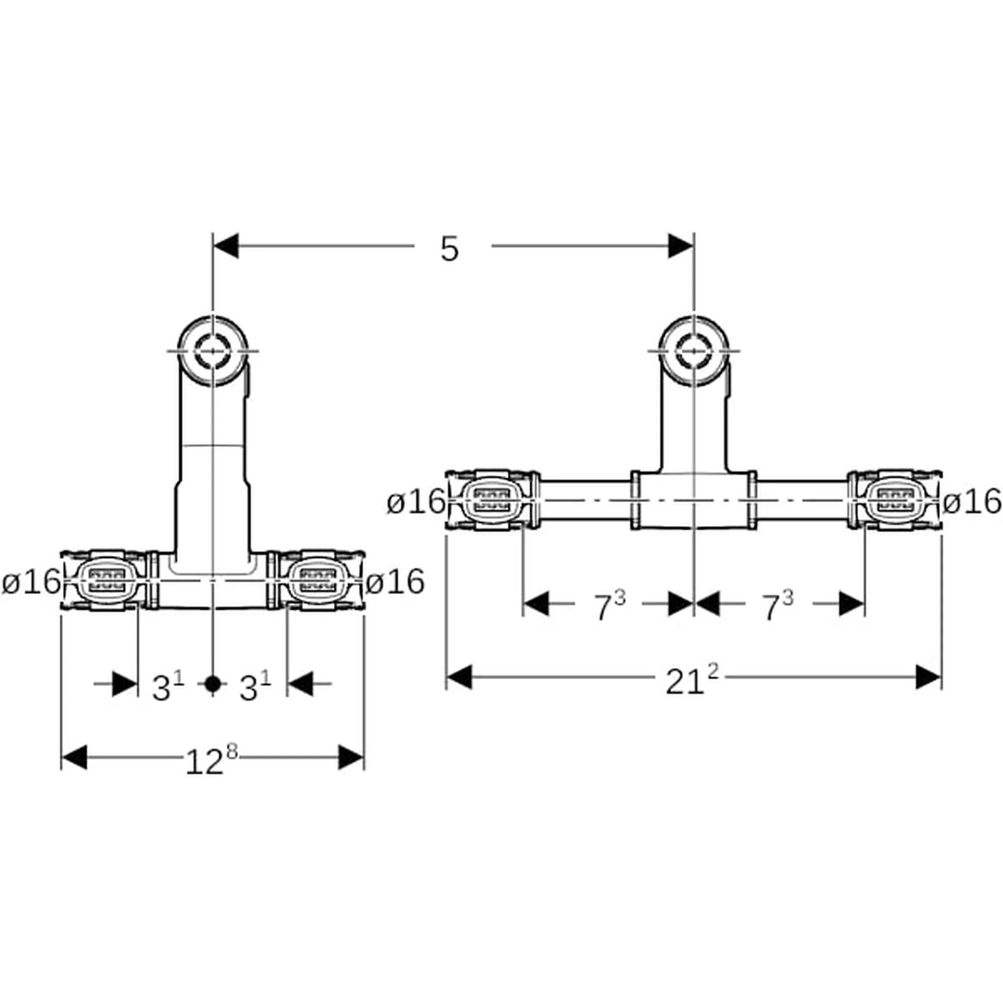 Geberit GE FlowFit An-T-Stück, VL/RL, SiBr, d16, 15, 16mm, mit An-Verschraubung, EK, 1 Stk.