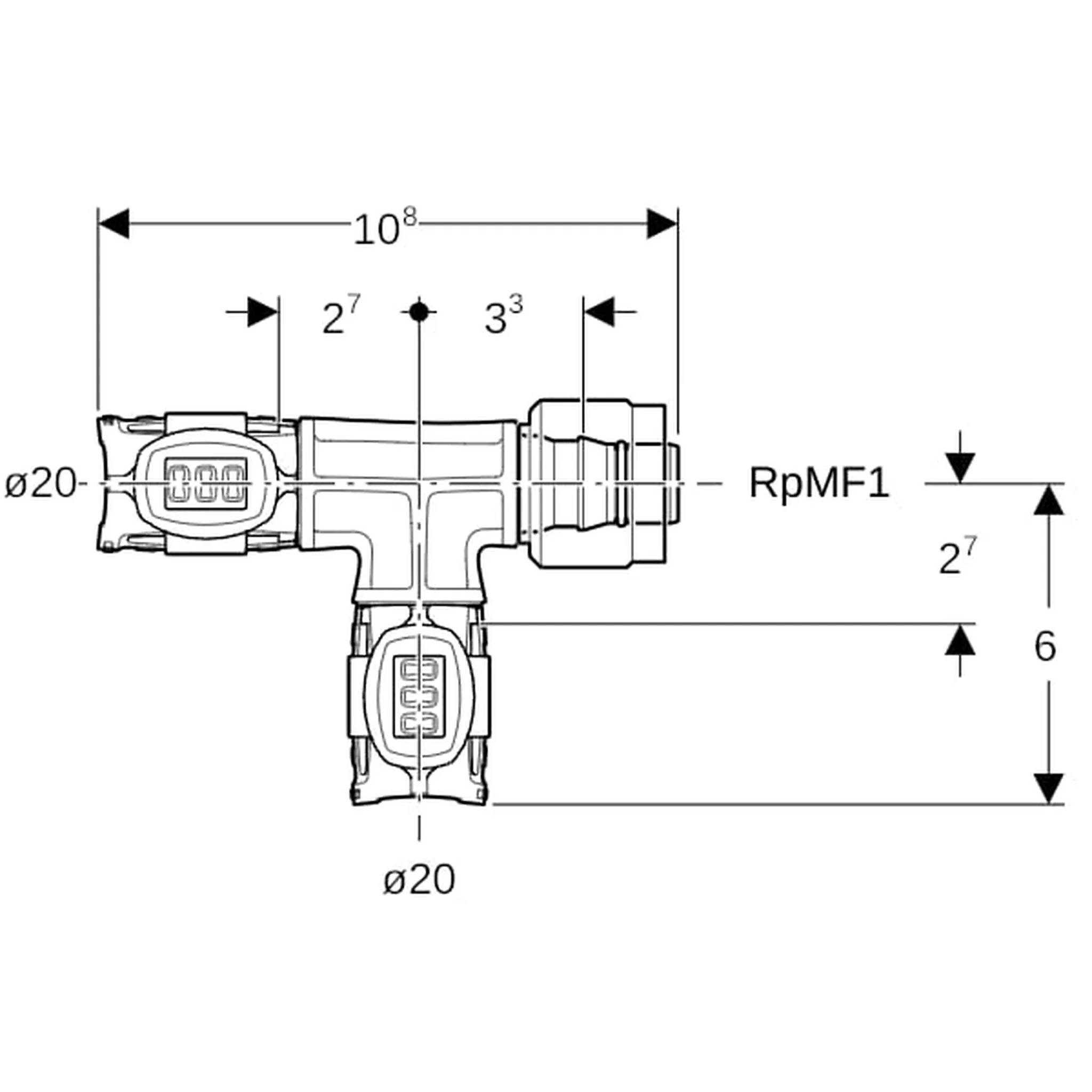 Geberit GE FlowFit Masterfix, Übergangs-T-Stück, mit MF-Abzweiger, d 20 mm x Rp MF 1/2 x d 20 mm, 1 Stk.
