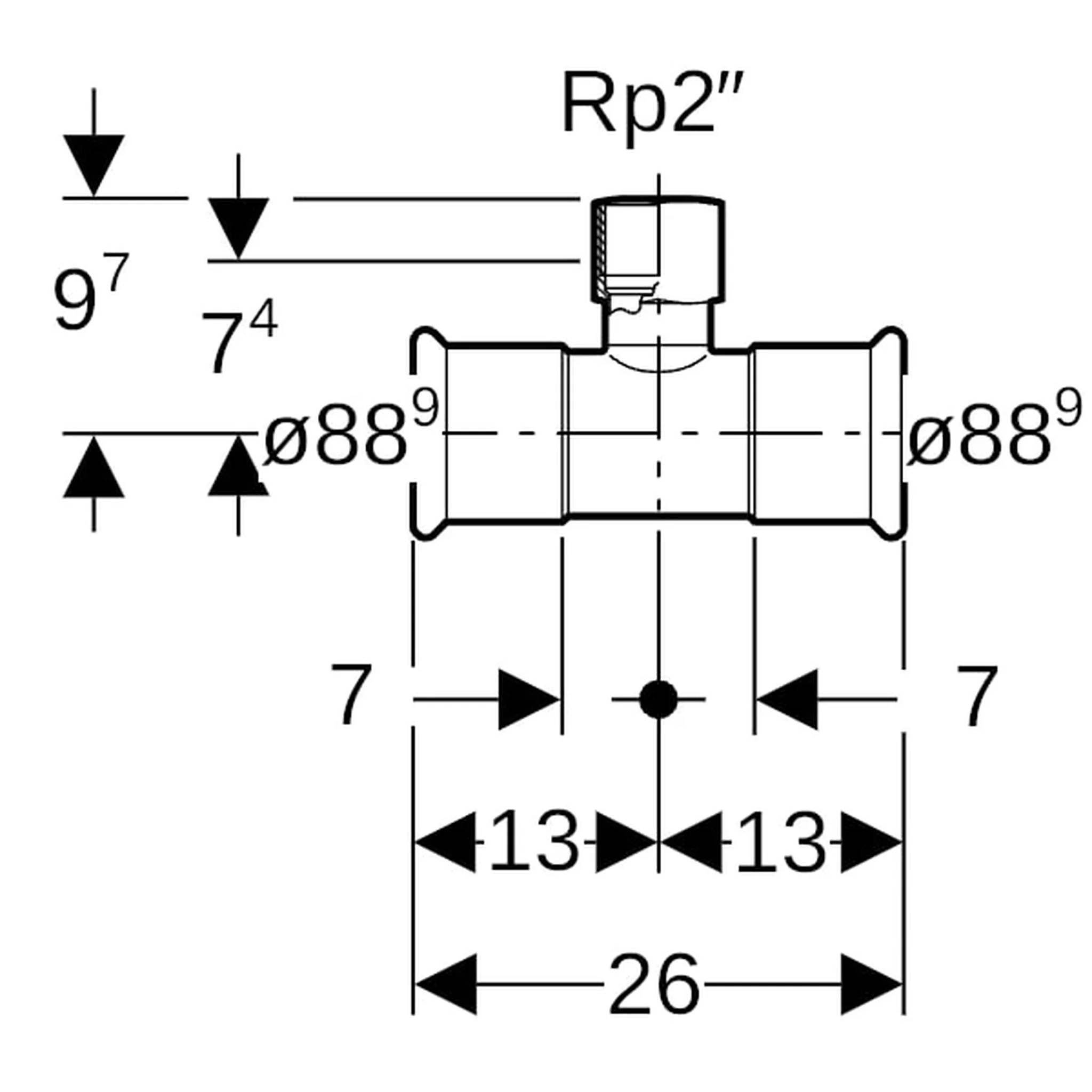 Geberit GE Mapress C-Stahl, T-Stück mit Abgang, d88,9 x Rp2 x 88,9mm, verzinkt, 1 Stk.