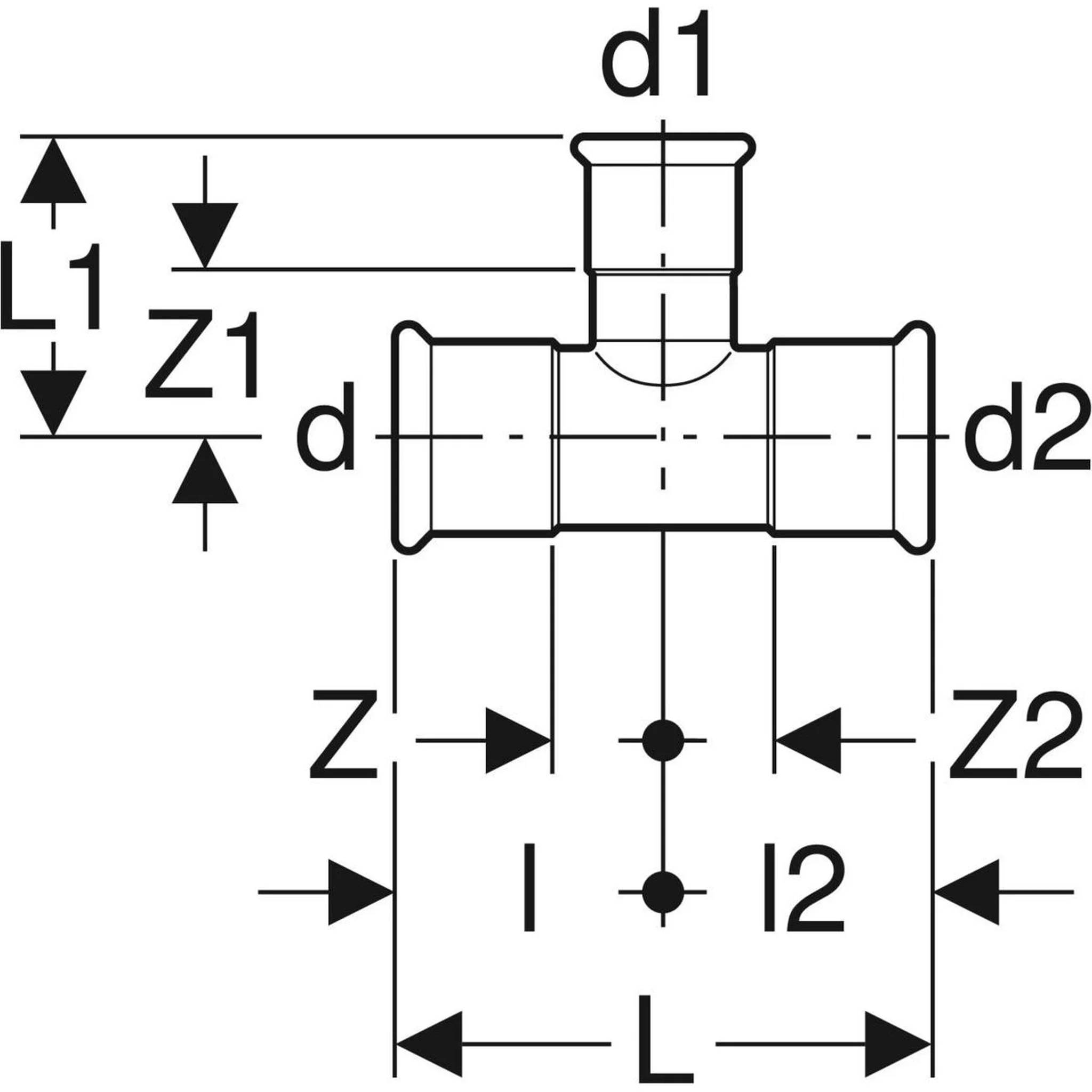Geberit GE Mapress C-Stahl, T-Stück, mit reduziertem Abgang, d54 x 15 x 54mm, verzinkt, 1 Stk.