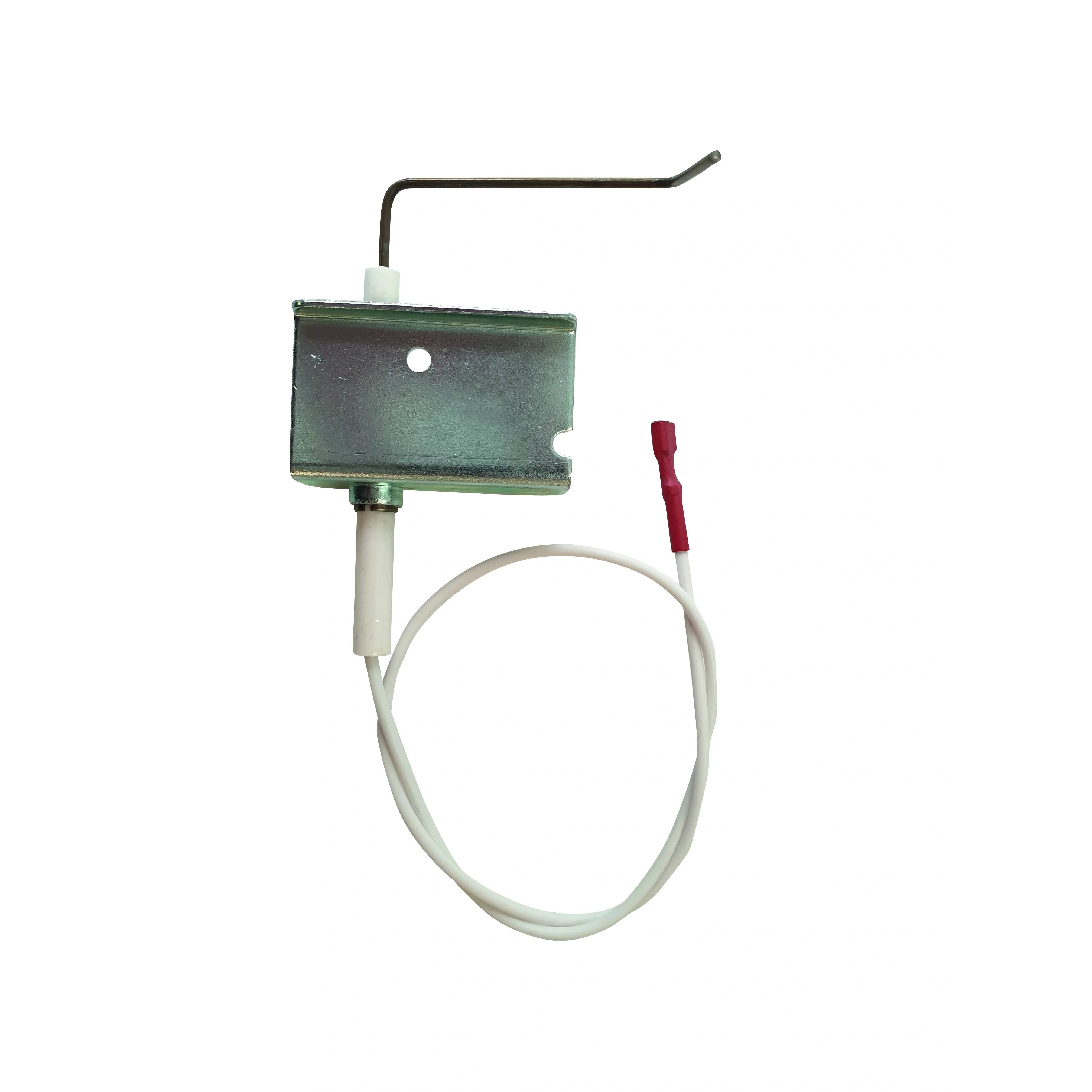 Metallische Gasventilbaugruppe mit einem gebogenen schwarzen Hebel, weißer isolierter Kabelschlaufe und rotem Anschluss auf weißem Hintergrund.