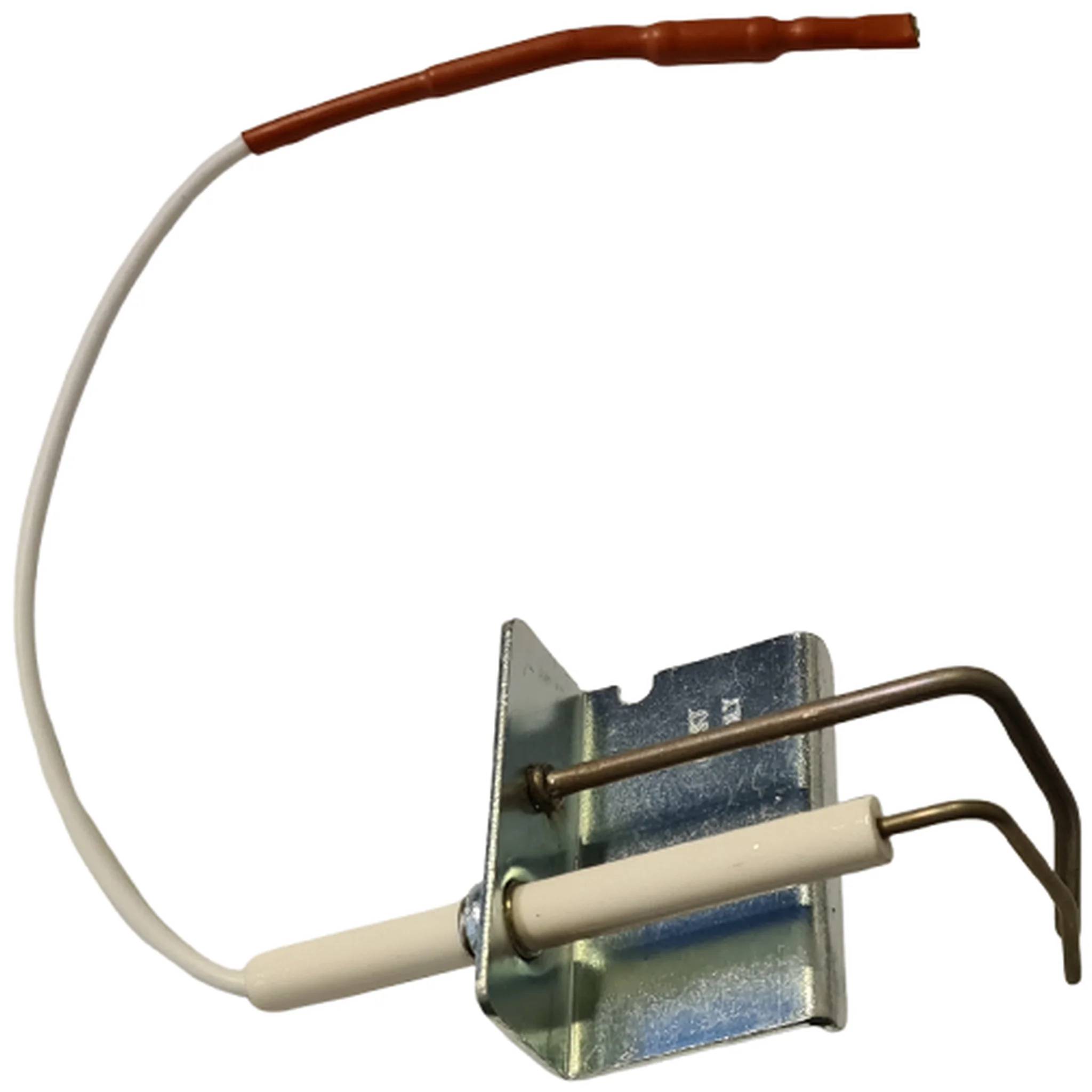 Nahaufnahme einer Metallklammer mit angebrachten weißen und braunen isolierten Drähten, wahrscheinlich eine elektrische Sensor- oder Thermostatkomponente.
