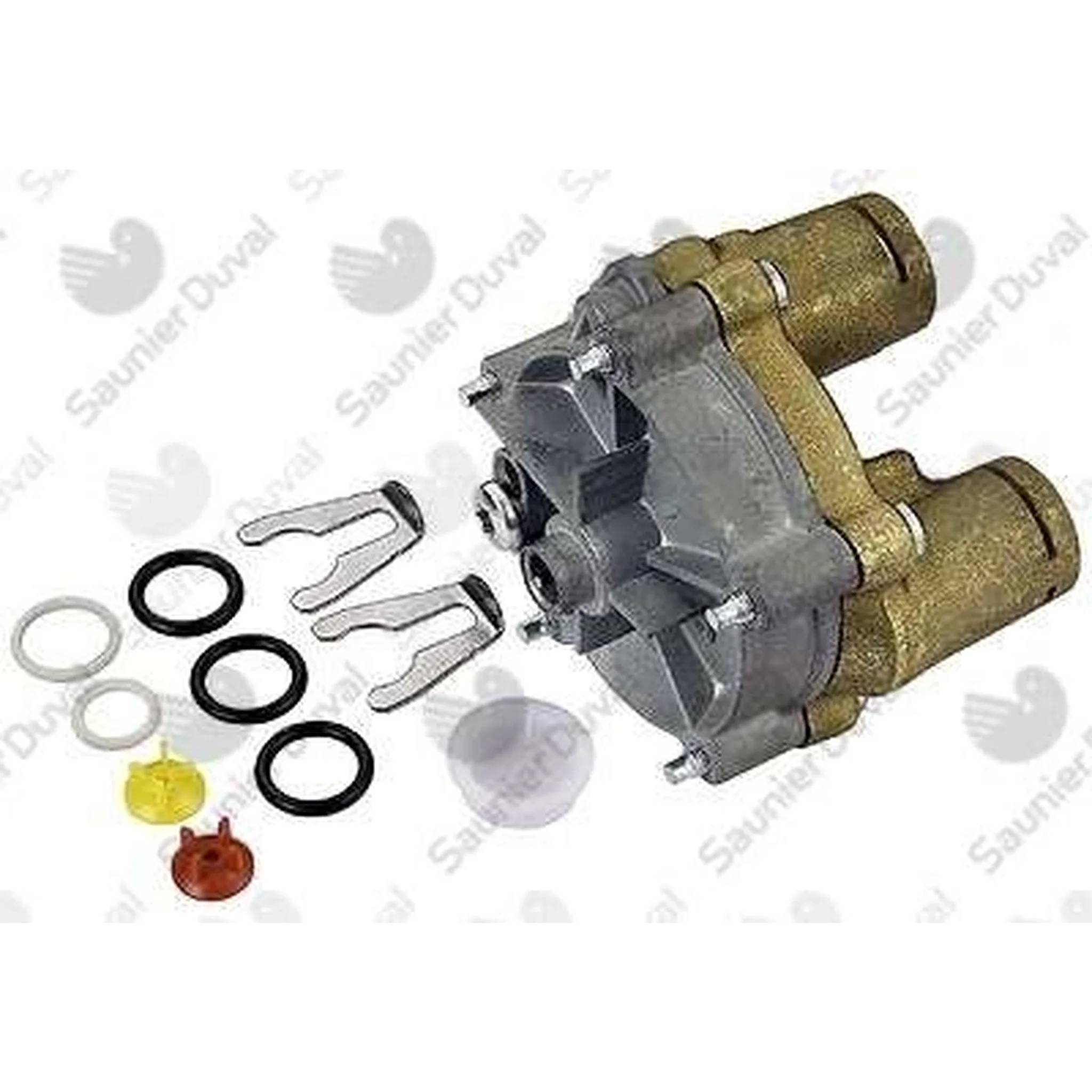 Mechanische Ventilbaugruppe mit zwei Messingbuchsen und Silberkörper, dargestellt mit Ersatzdichtungen, Ringen, Clips und kleinen Kappen auf weißem Hintergrund.