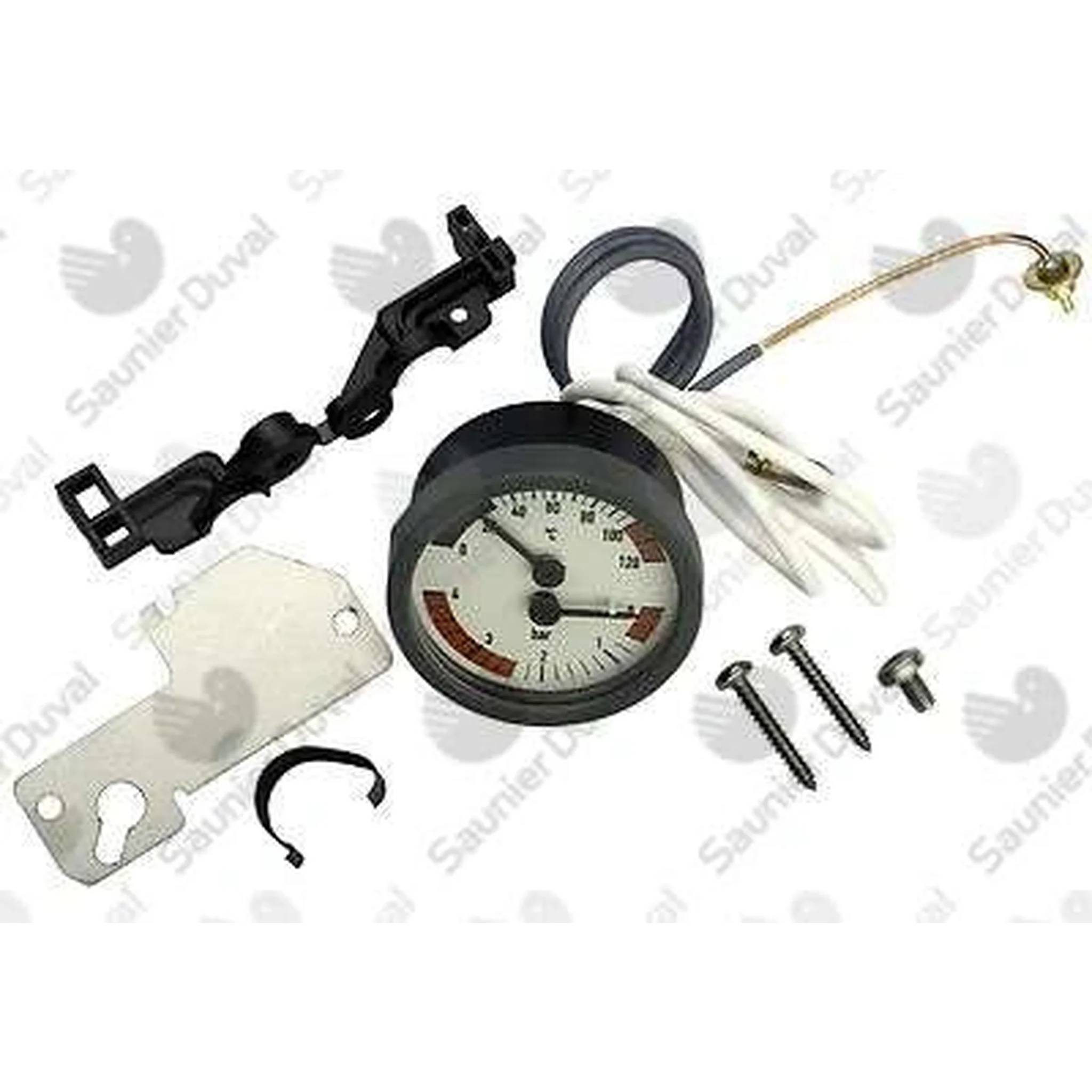 Analoges Druckmessgerät-Set mit Montageklammer, Kapillarrohr, Kabel und Schrauben auf weißem Hintergrund.