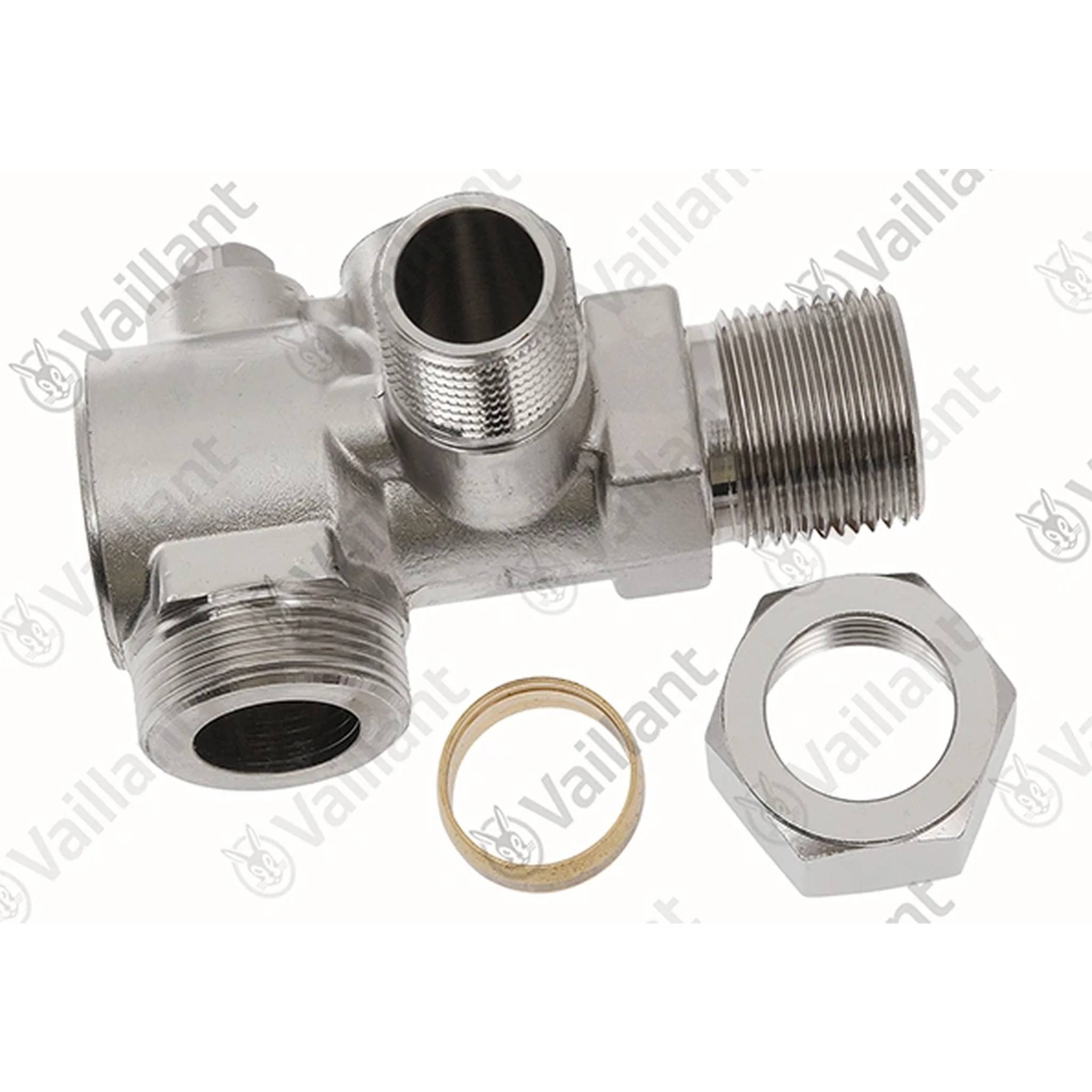 Metallisches Sanitär-VentilAdapter mit Innen- und Außengewinde, dargestellt mit einer Messingscheibe und einer Sechskantmutter auf weißem Hintergrund.
