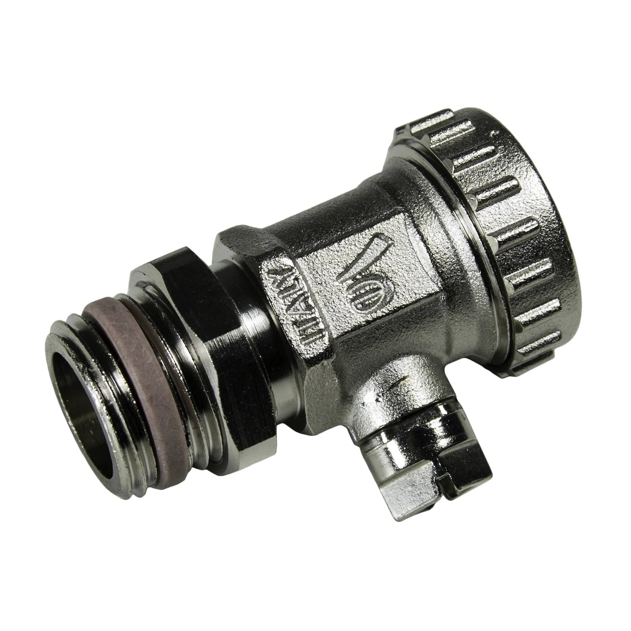 Chrom-Metallklempner-Ventil-Adapter mit Gewinde an beiden Enden und einem schwarzen O-Ring, gezeigt auf weißem Hintergrund.