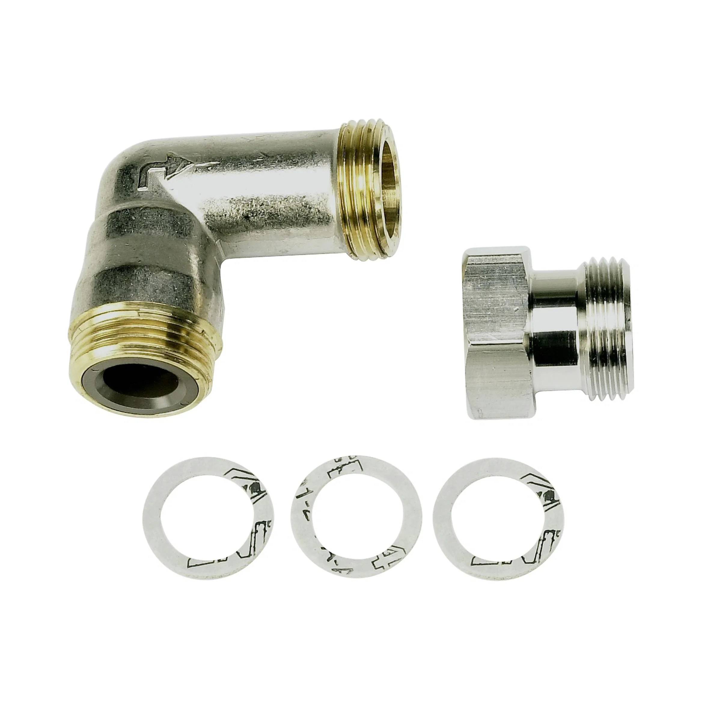 Metallisches Rohrbogenfitting mit Gewindeanschluss und drei Dichtungsscheiben auf weißem Hintergrund.