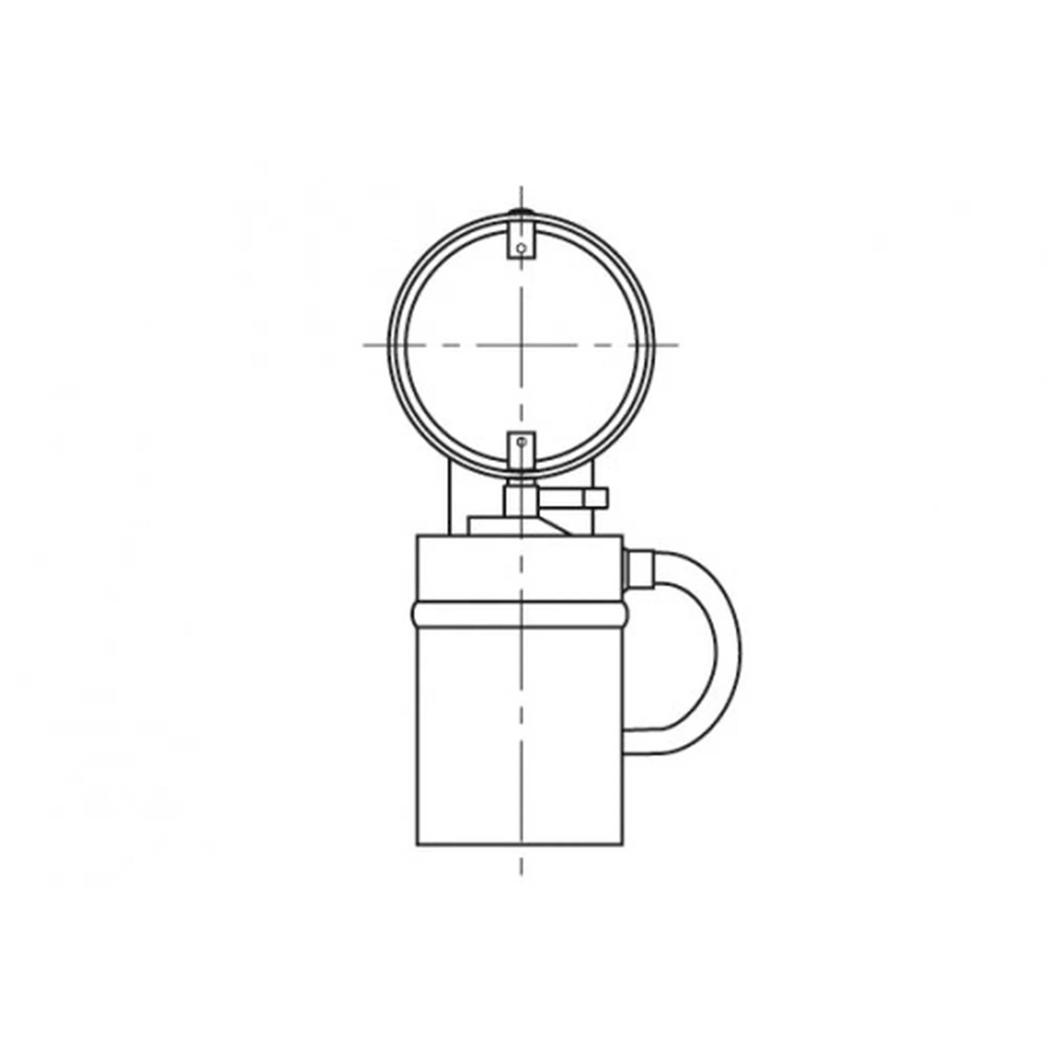Strichzeichnung einer Tasse mit einem kreisförmigen Deckel oder einer Lupe, die oben montiert ist, zentriert auf weißem Hintergrund.