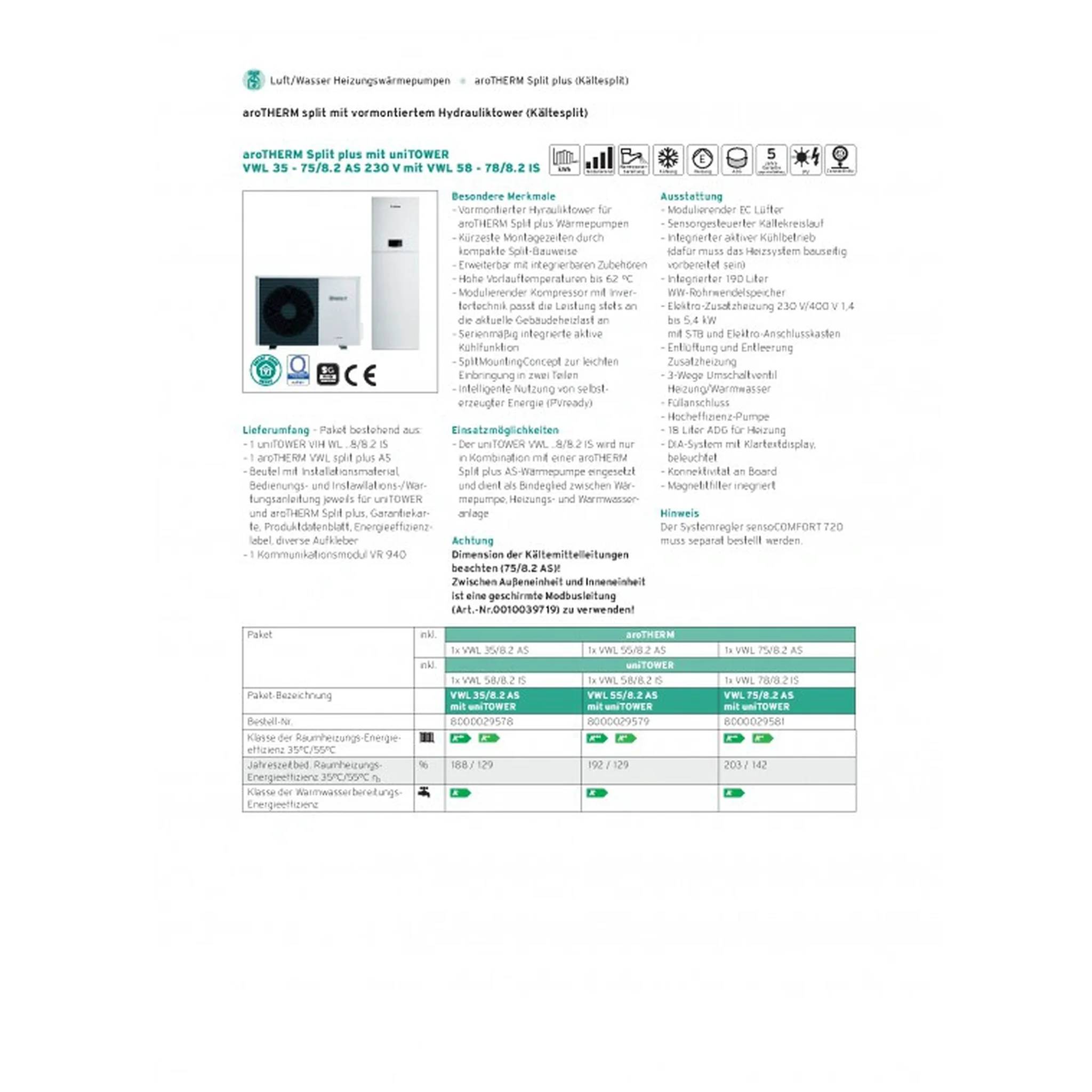 Vaillant uniTOWER VWL 78/8.2 IS, aroTHERM Split plus VWL 75, 1 Stk.