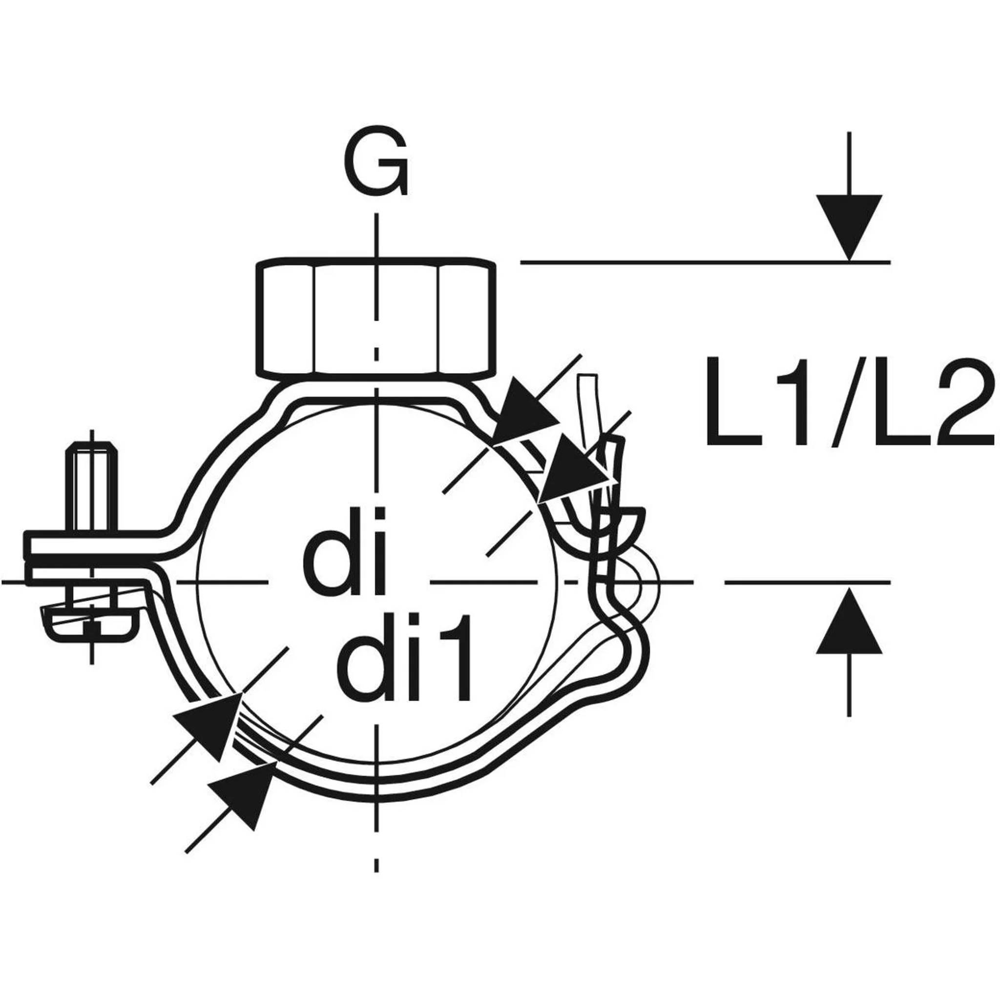 Technische Zeichnung einer Schelle um ein Rohr, beschriftet mit G, di, di1 und L1/L2 Maßpfeilen, die gemessene Durchmesser und Länge anzeigen.