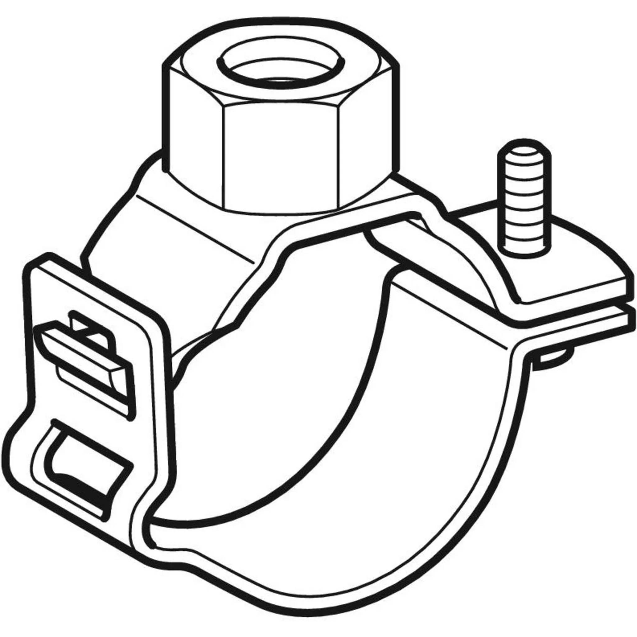 Technische Zeichnung einer Metallrohrschelle mit einer Sechskantmutter oben und einem Gewindebolt an der Seite, die die Struktur der Schelle und die Befestigungspunkte zeigt.