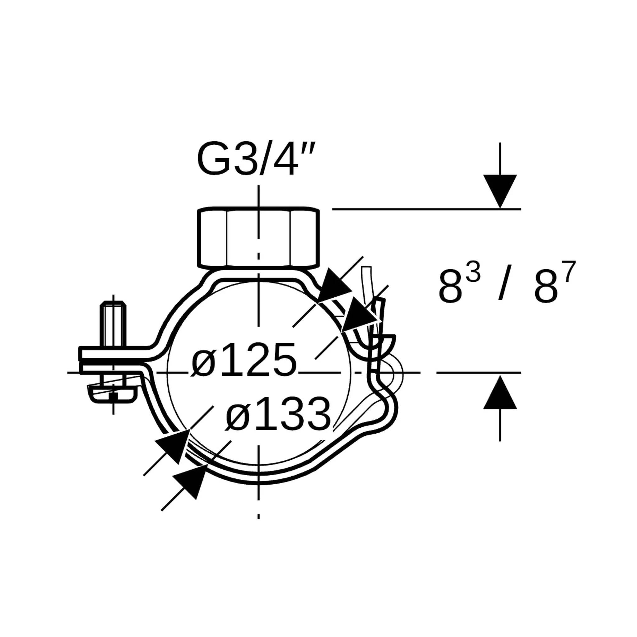 Technische Zeichnung einer kreisförmigen Klemmverbindung mit G3/4 Zoll Anschluss oben, zeigt Schlüsseldimensionen ø125, ø133 und 8 3/8 Zoll.