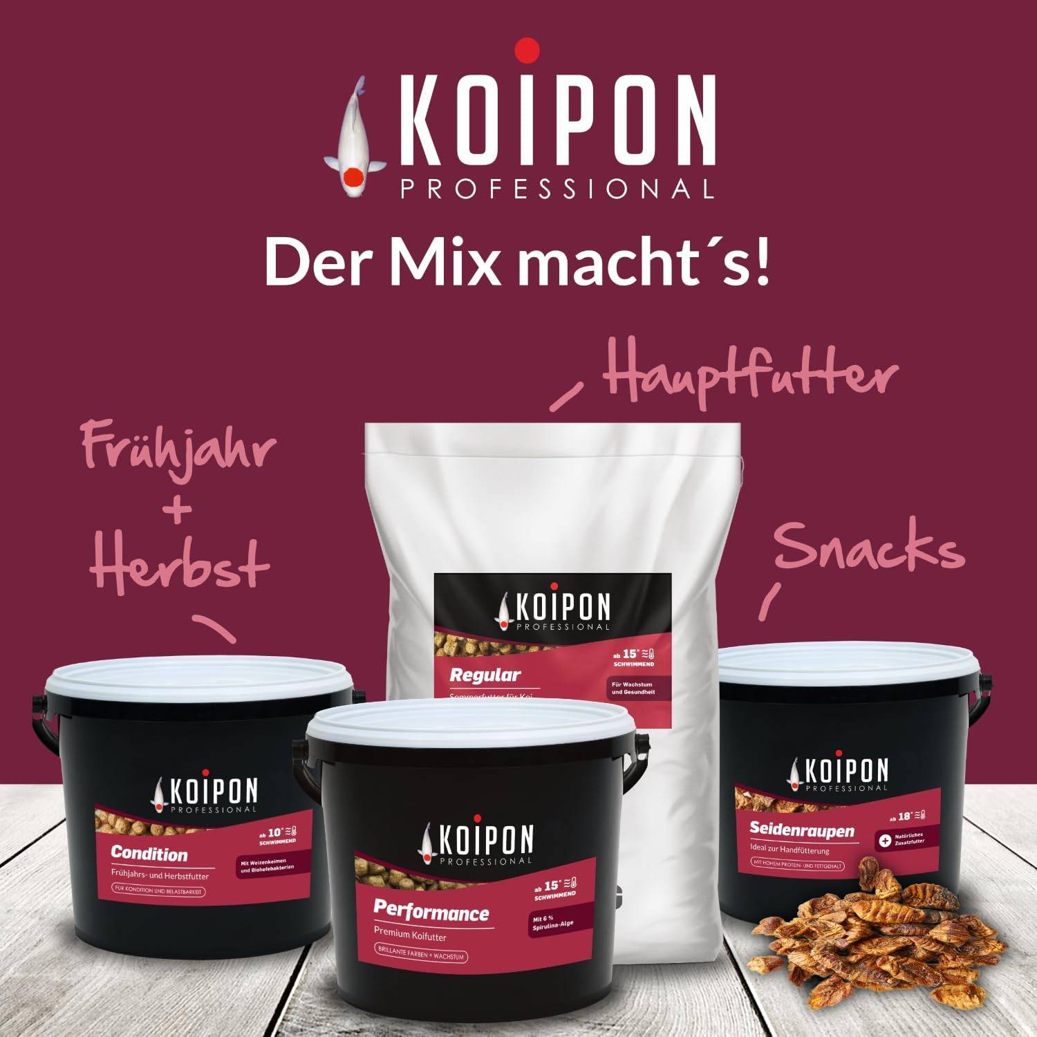 KOIPON Regular 15kg 6mm Sommer-Koifutter 1% Spirulina schwimmend