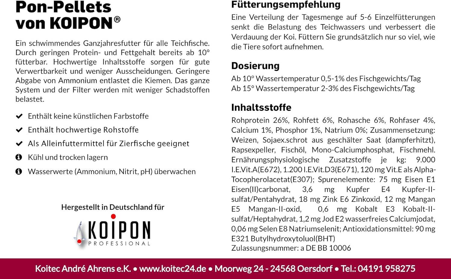 KOIPON Pon-Pellets 6mm 1,75kg Ganzjahresfutter für Koi & Goldfische