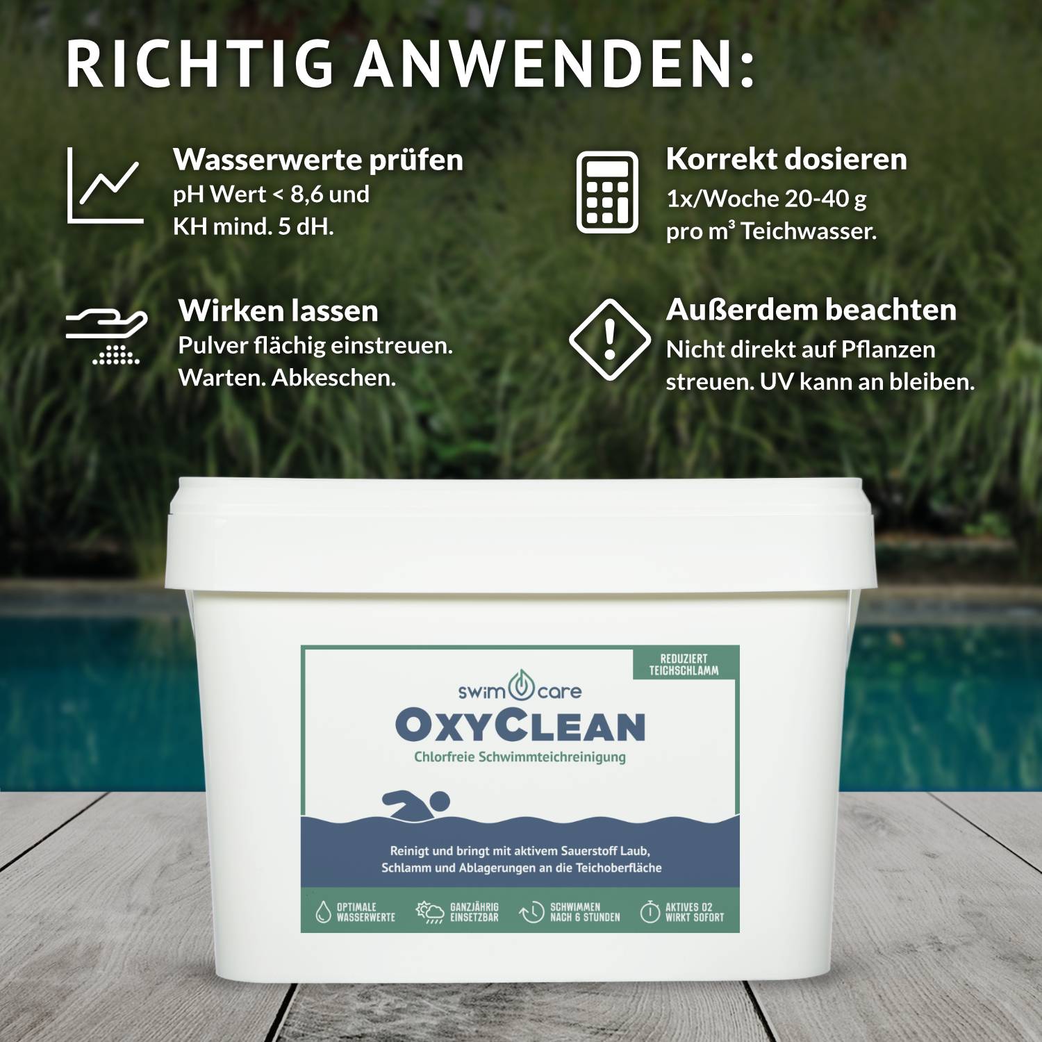 swimcare OxyClean 10kg Chlorfreie Schwimmteich-Reinigung & Schlammabbau durch Aktivsauerstoff