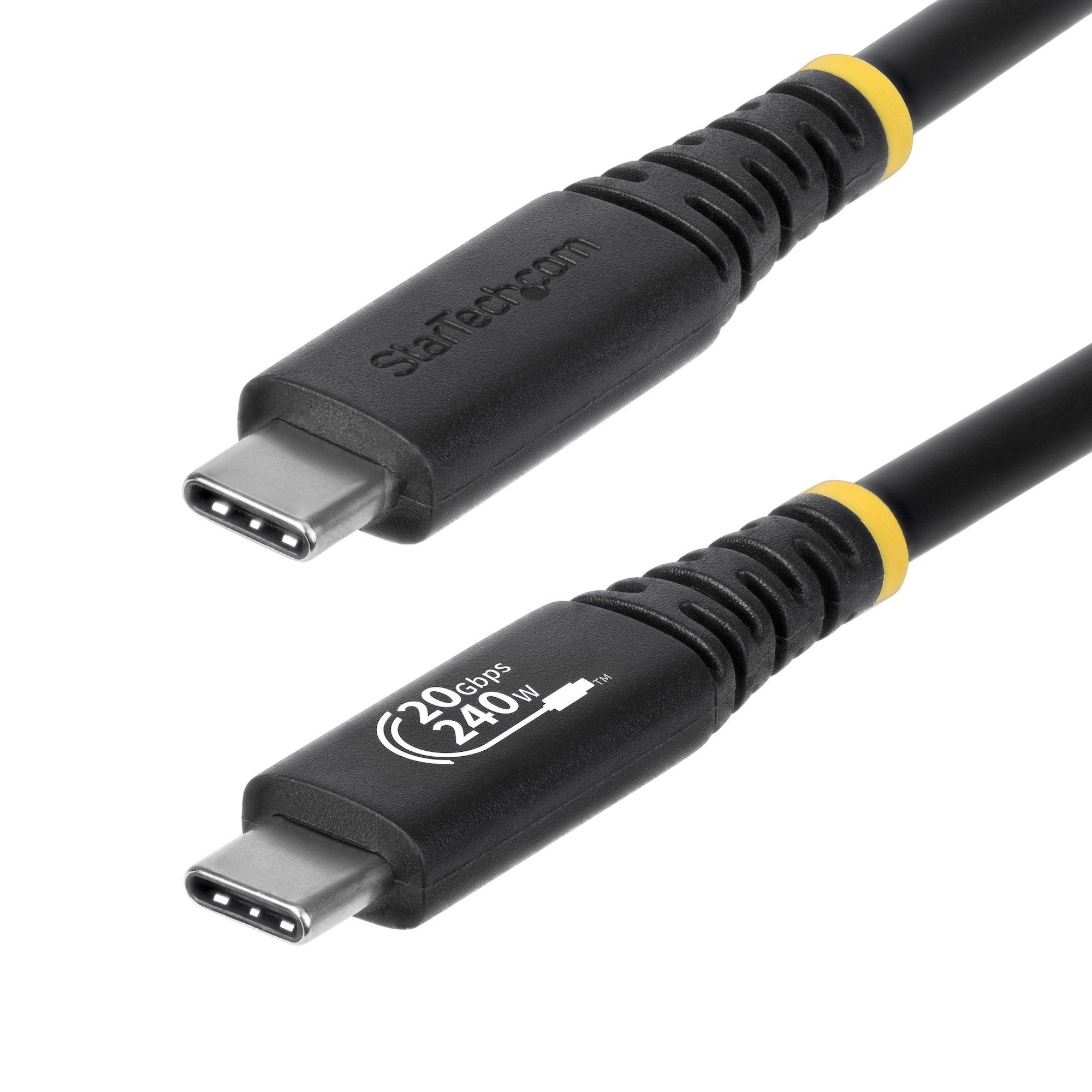 Zwei USB-C-Kabelstecker auf weißem Hintergrund, einer mit der Bezeichnung StarTech.com und einer mit der Markierung „20 Gbps 240W