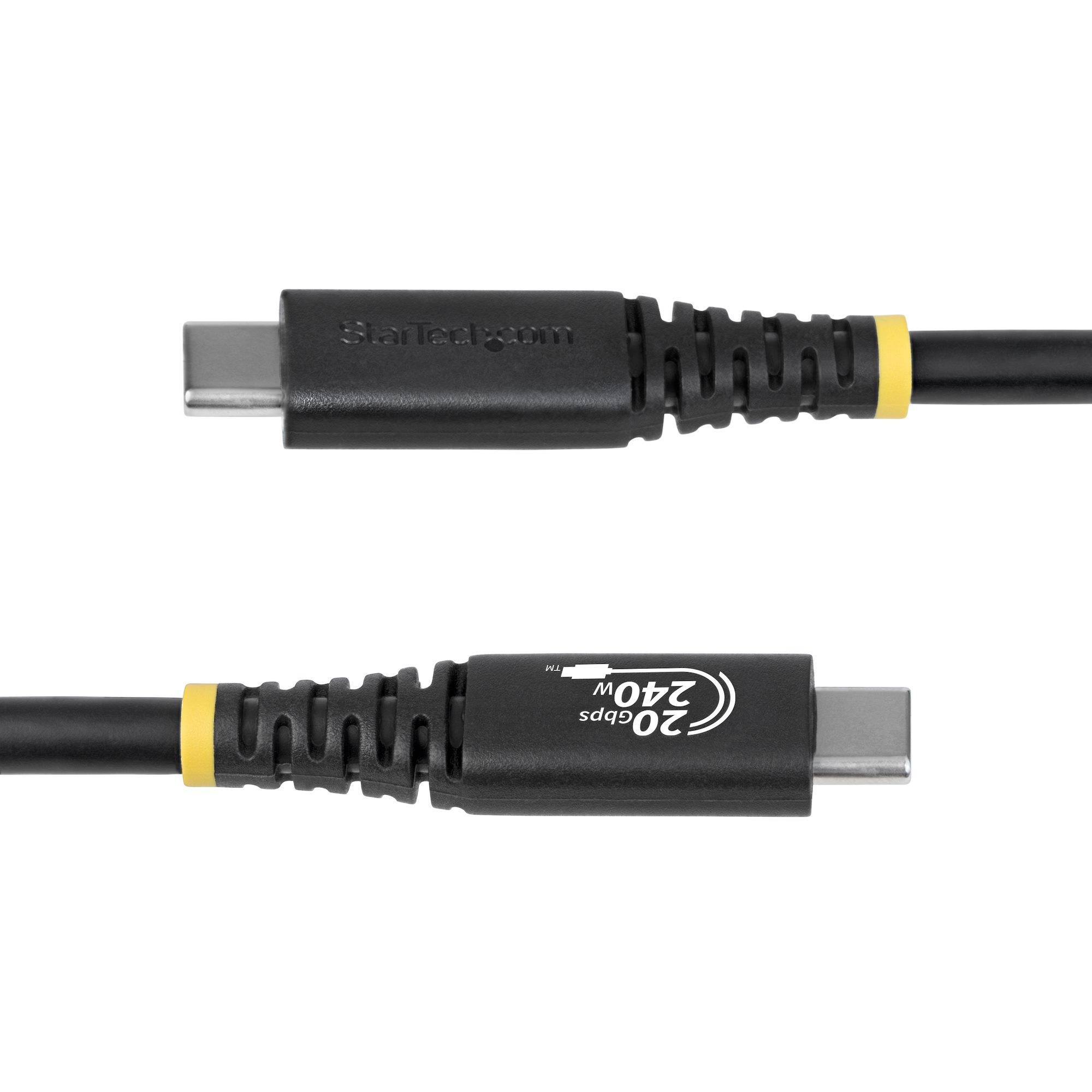 Zwei USB-C-Kabelenden auf weißem Hintergrund, schwarze Stecker mit gelben Ringen; einer zeigt „StarTech.com