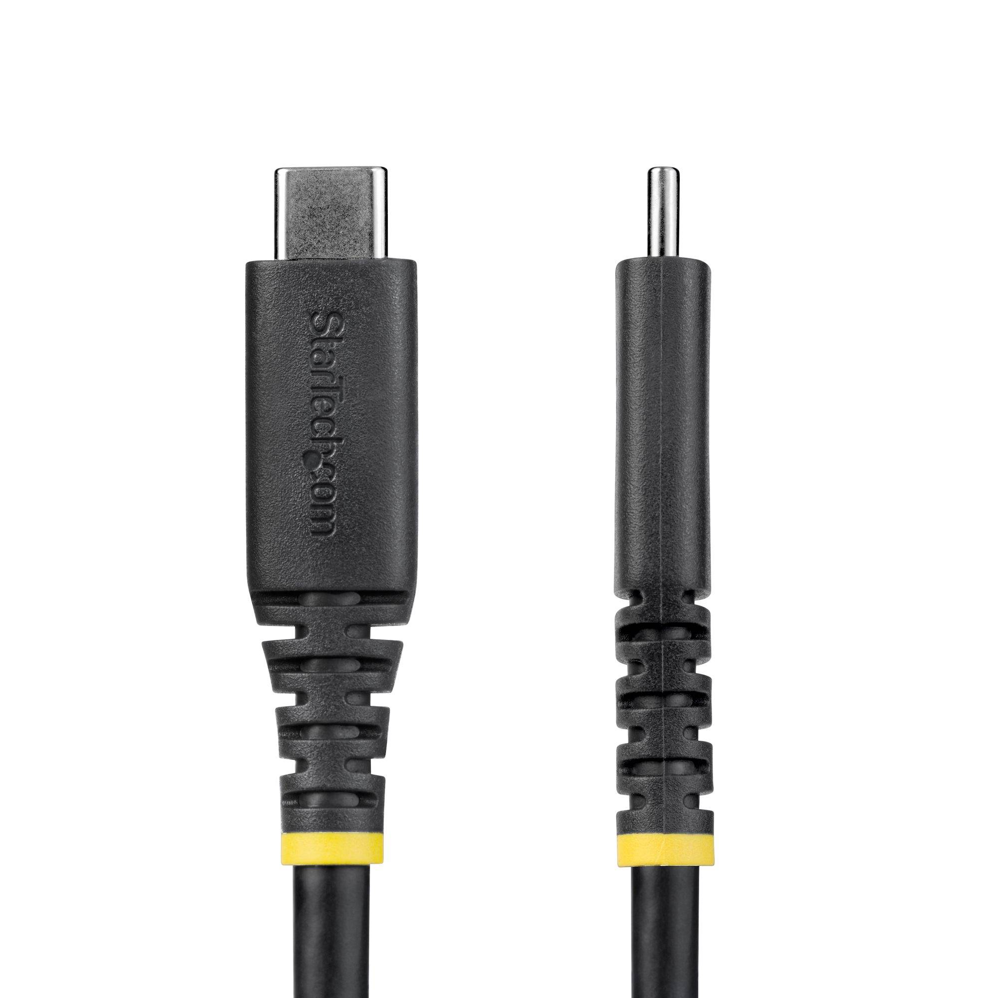 Black StarTech.com USB-C-Kabel mit einem USB-C-Anschluss und einem runden Hohlstecker auf weißem Hintergrund.