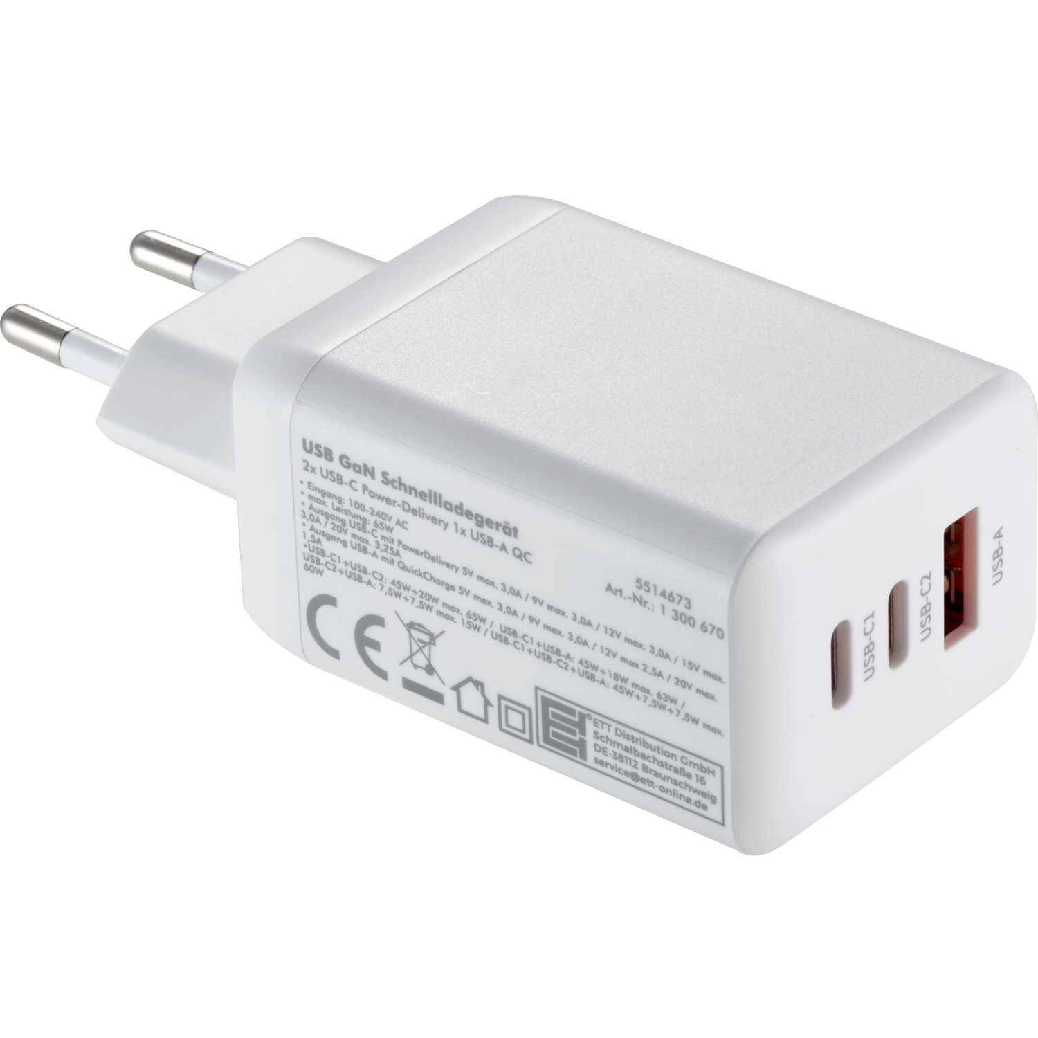 McPower USB GaN Schnellladegerät, 65W, 2x USB-C PD, 1x USB-A QC, 3 Ports, 100-240V
