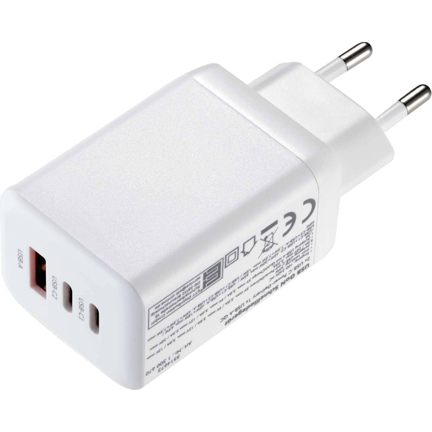 McPower USB GaN Schnellladegerät, 65W, 2x USB-C PD, 1x USB-A QC, 3 Ports, 100-240V