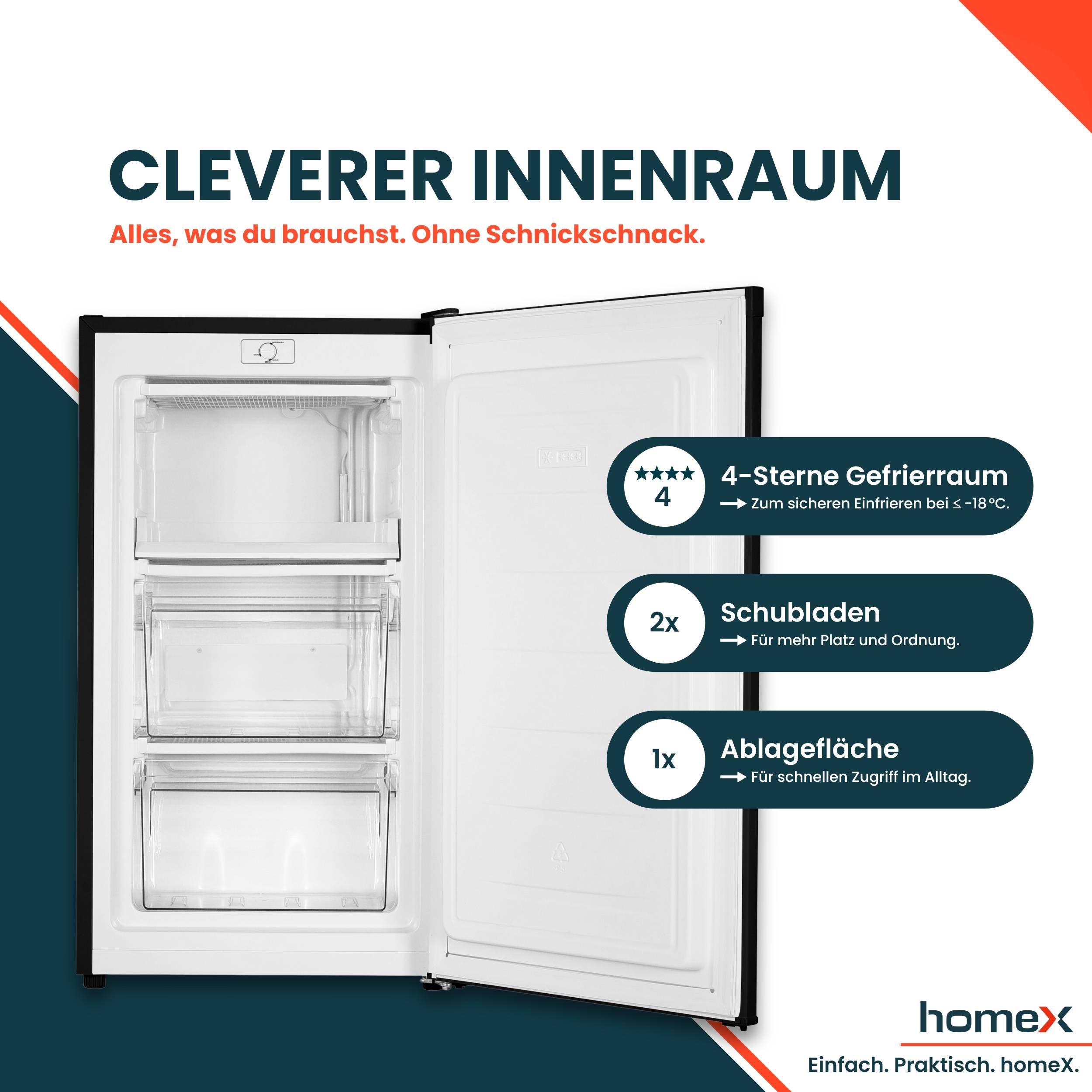 homeX Gefrierschrank, Tiefkühlschrank klein - 60L Nutzinhalt, 4-Sterne Gefrieren, Freezer freistehend, schwarz, FS1016-B