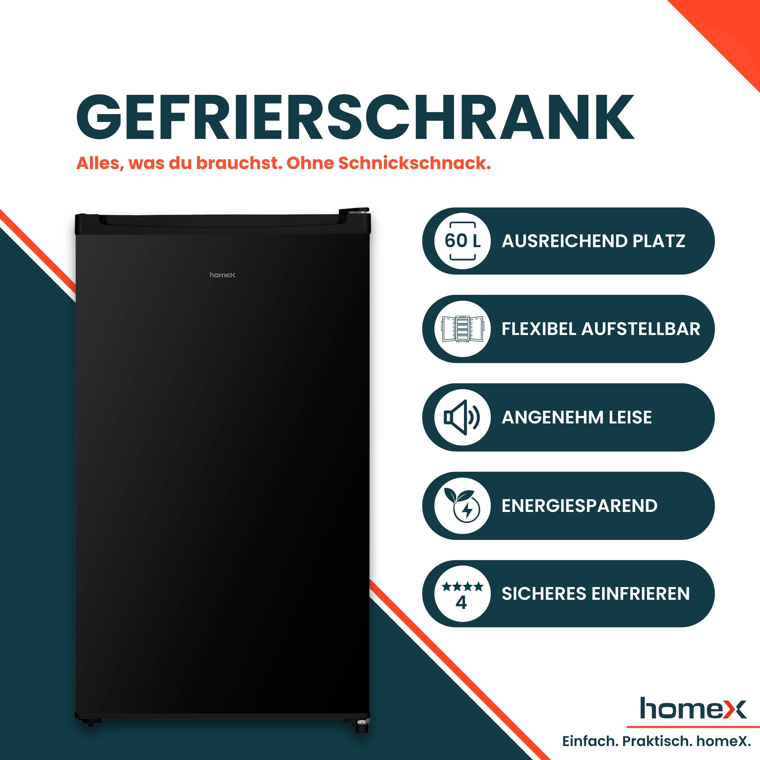 homeX Gefrierschrank, Tiefkühlschrank klein - 60L Nutzinhalt, 4-Sterne Gefrieren, Freezer freistehend, schwarz, FS1016-B