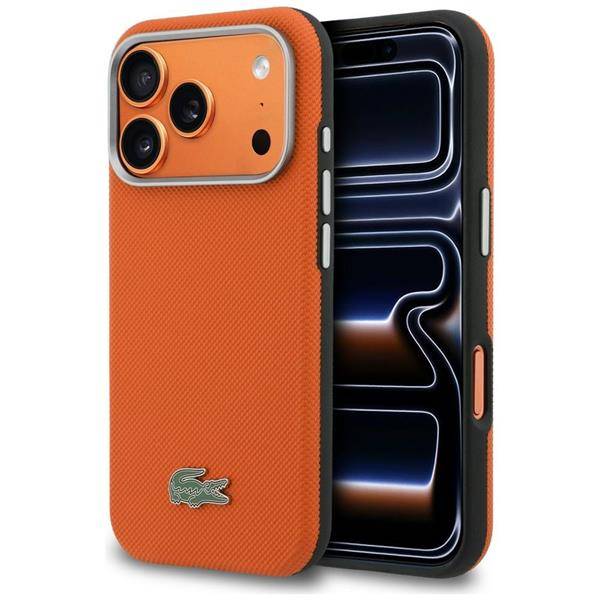 Hülle iPhone 17 Pro Max Lacoste Petit Pique orange schwarz Logo Metall Magsafe