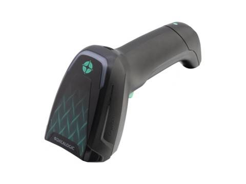 Tragbarer Barcode-Scanner mit schwarzem ergonomischem Griff und Teal-Akzent-Logo, dargestellt auf weißem Hintergrund.