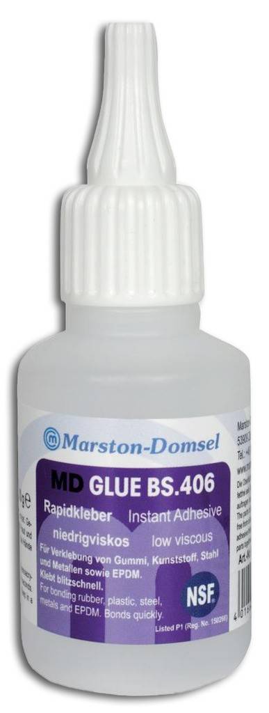 MD-GLUE Sekundenkleber BS.406 Niedrigviskos Rapidkleber Für Gummi, Kunststoff, Stahl, Metallen, EPDM NSF Listed P1 Reg. No. 150266 REA
