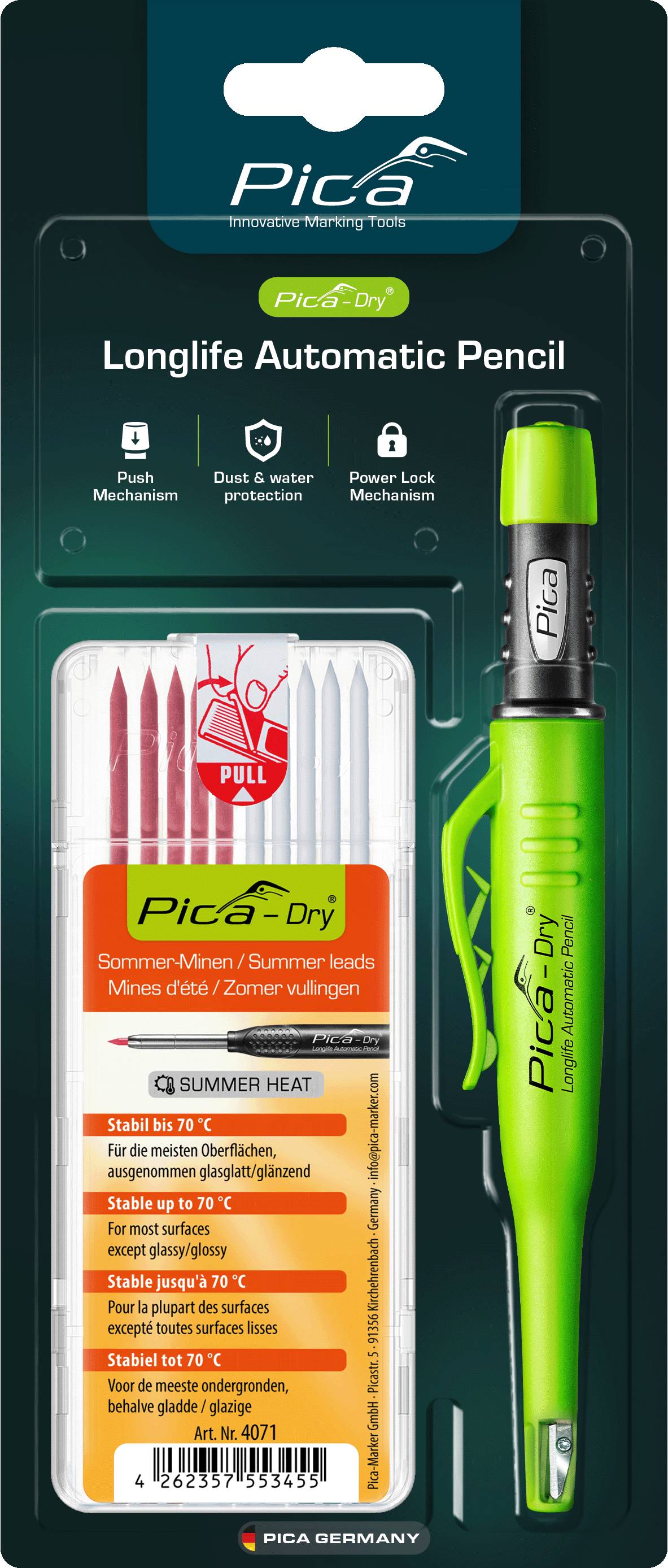 Pica Dry Longlife Automatic Pencil Tieflochmarker + 10 Spezialminen Sommer Set Rot Weiß wasserfest