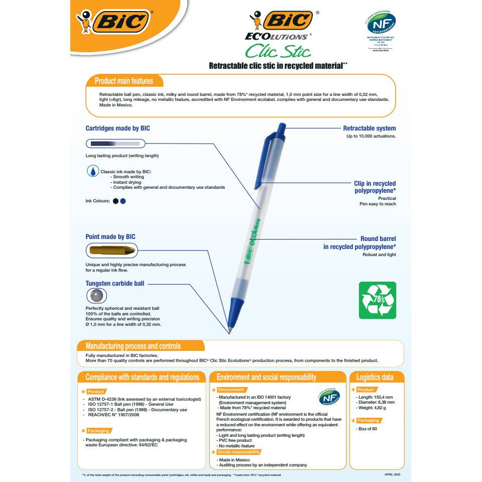 50x BiC® 8806871 Druckkugelschreiber Ecolutions Clic Stic, 0,4 mm, schwarz