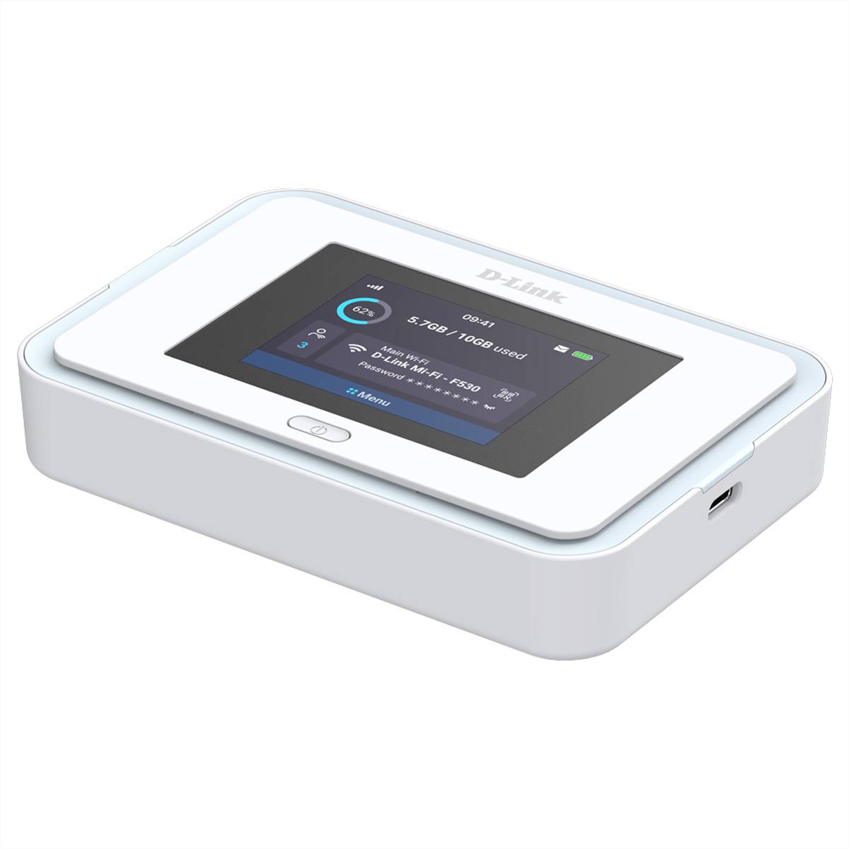D-Link tragbares Touchscreen-Gerät mit einem Status-Dashboard, das Speichernutzung, Akku, Wi‑Fi und Menüindikatoren anzeigt.