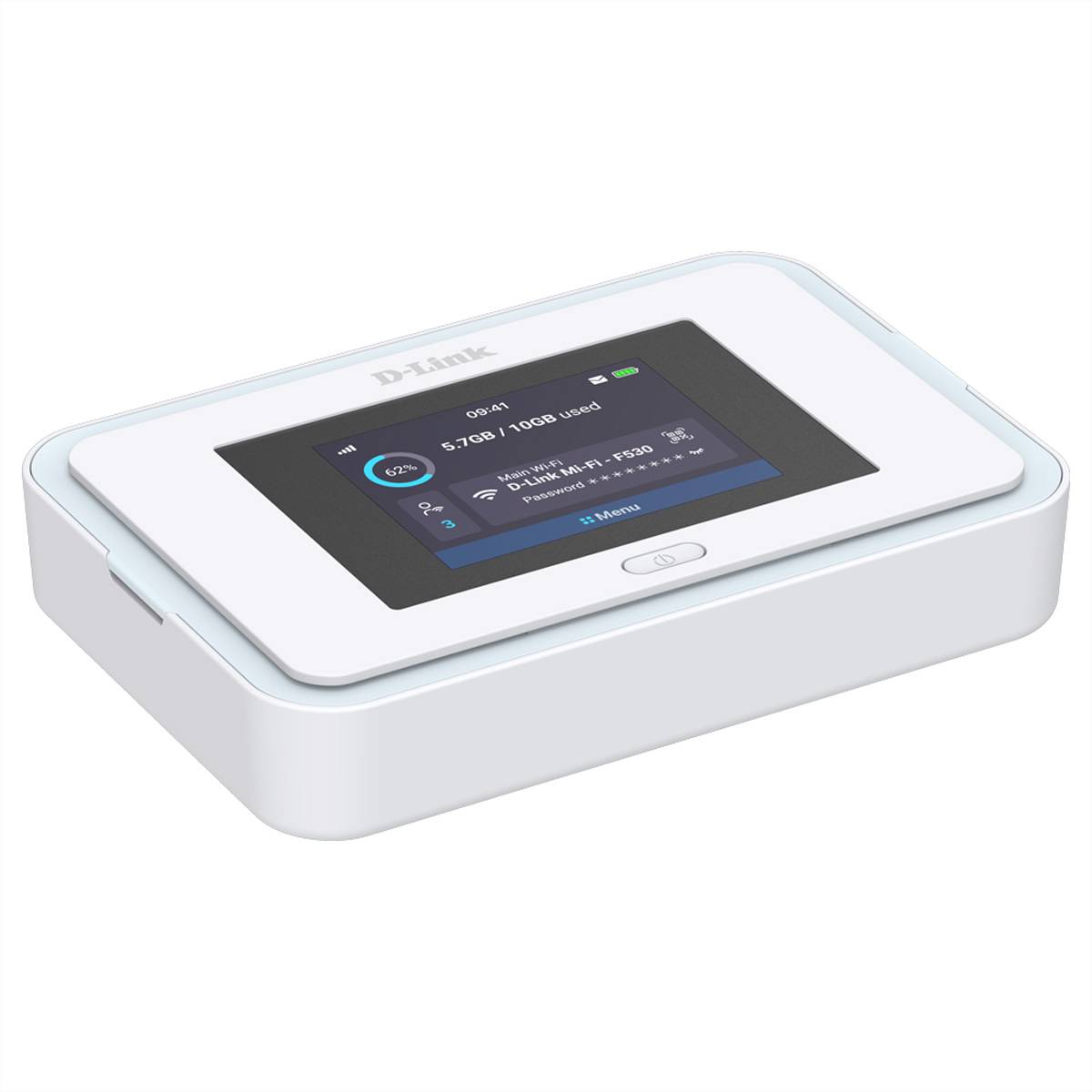 D-Link tragbares Wi-Fi-Hotspot-Gerät mit Touchscreen, das Netzwerkstatus, Datennutzung und ein verbundenes drahtloses Signal anzeigt.