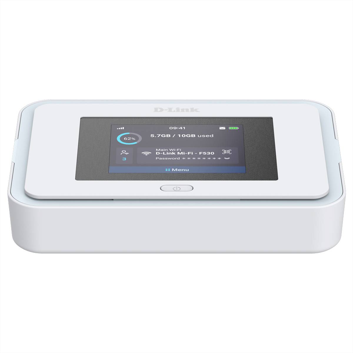 Tragbarer weißer Wi-Fi-Hotspot/Router mit Touchscreen mit Anzeige für Akkuladestand, Datennutzung und Netzwerkstatus.